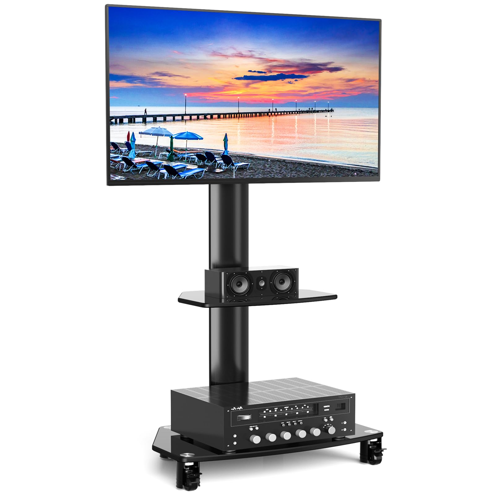 RFIVER Mobile TV Stand with Wheels - Adjustable Cantilever TV Trolley for 27-65 Inch Flat Screens (Max VESA 400x400mm, 50kg Capacity) - Sturdy TV Stand with Storage Shelves for Living Room, Bedroom & Office