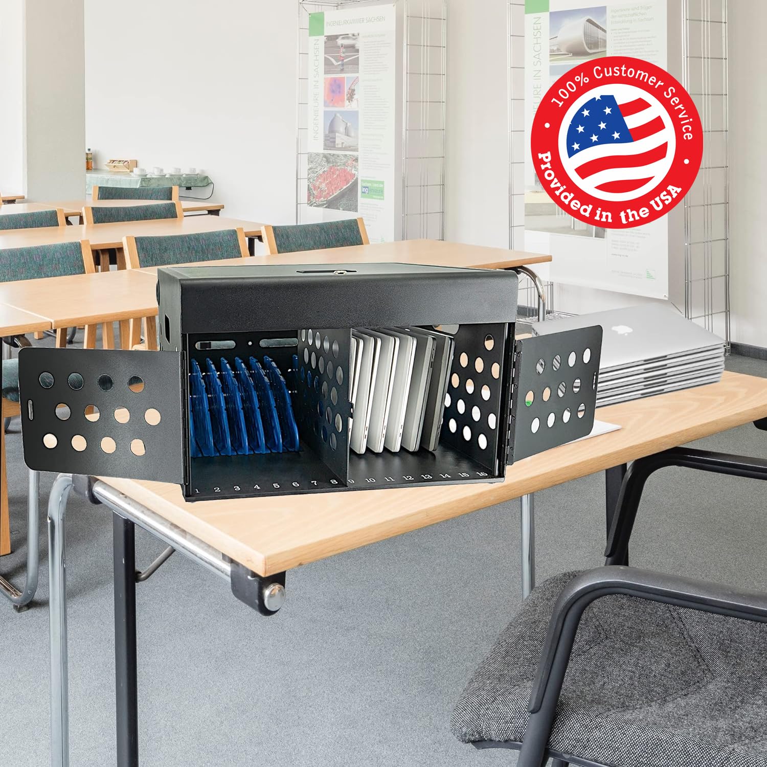 16-Device Locking Tablet Charging Station for Classroom - Secure Metal Charging Cart with Cable Management for Chromebooks, Tablets & Laptops (Black) | Ideal for Schools, Libraries & Office Charging Stations