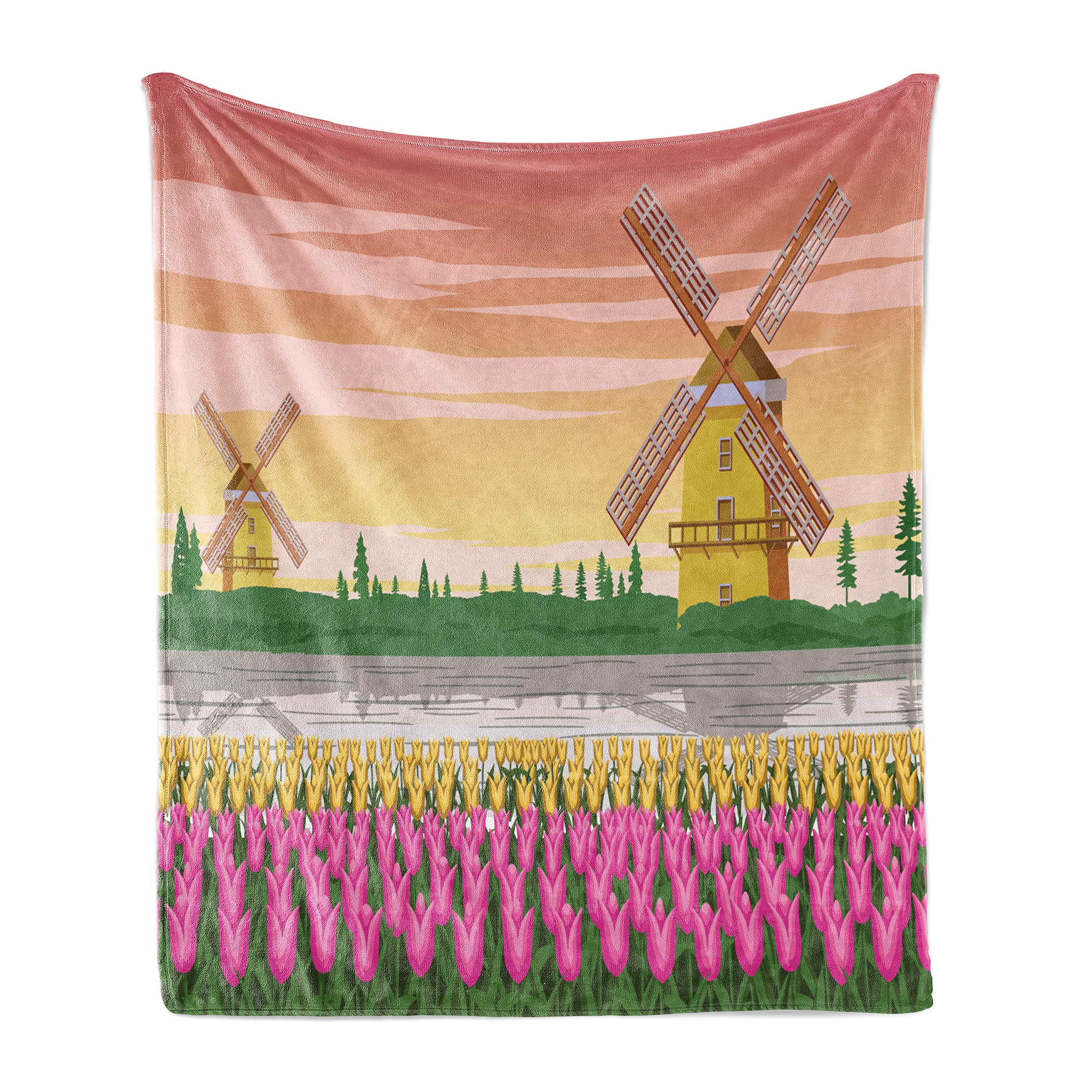 Ambesonne Amsterdam Throw Blanket - Colorful Botanical Tulips & Windmills Design | Soft Flannel Fleece Blanket for Couch, Bed & Sofa | 60