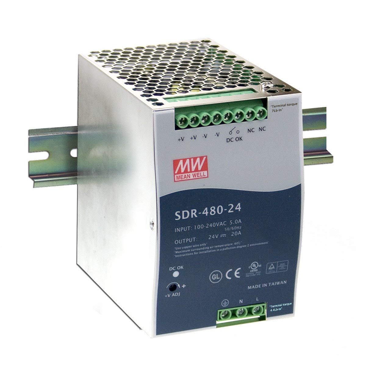 MW Mean Well SDR-480-48 48V 10A DIN Rail Power Supply - Industrial Grade Switching Power Supply for Automation, LED Lighting & Control Systems