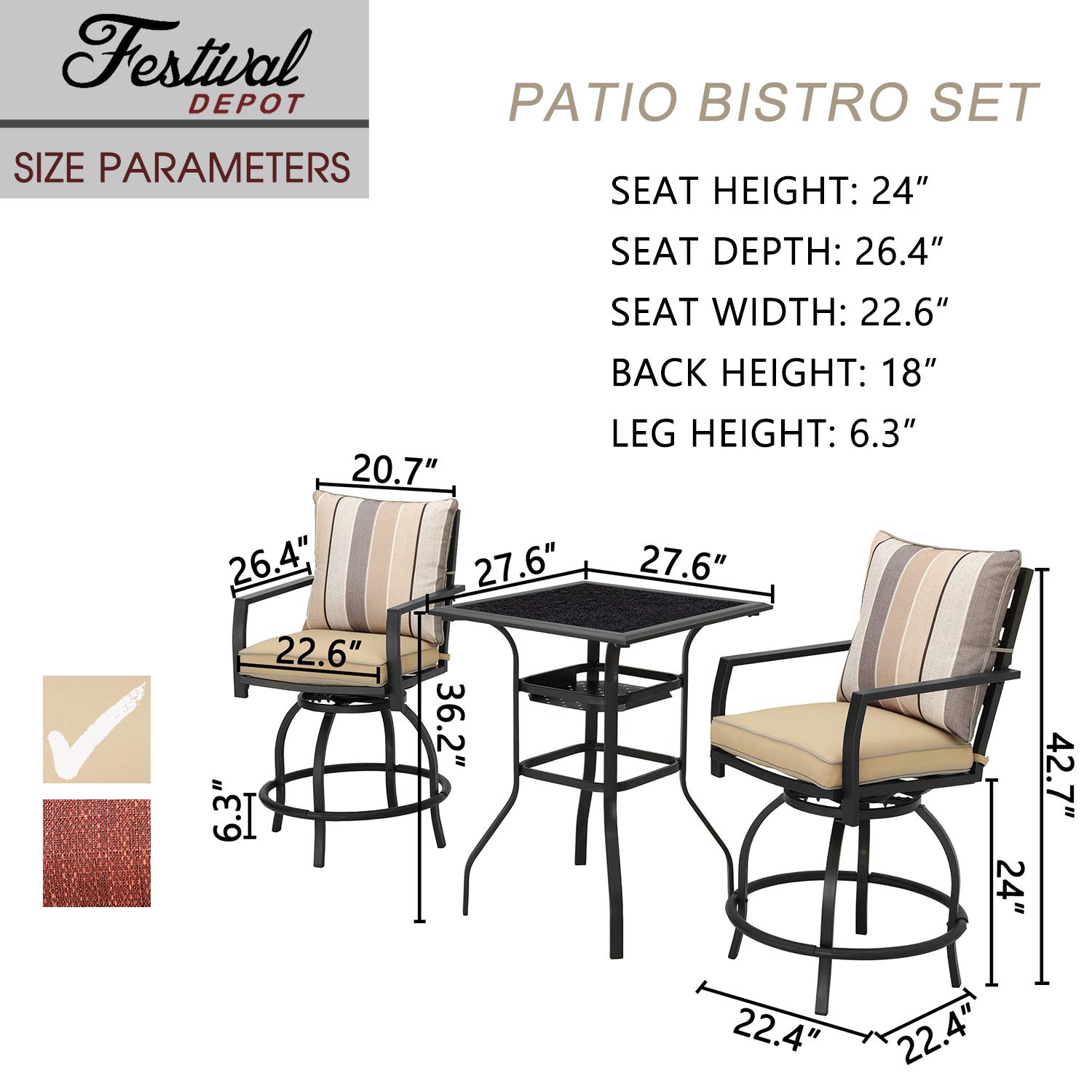 360° Swivel Patio Dining Set with Cushions - 3-Piece All-Weather Metal Bar Height Stools & Bistro Table for Outdoor, Garden, Deck, Poolside (Beige) - Perfect for BBQs, Parties & Relaxing in Your Backyard