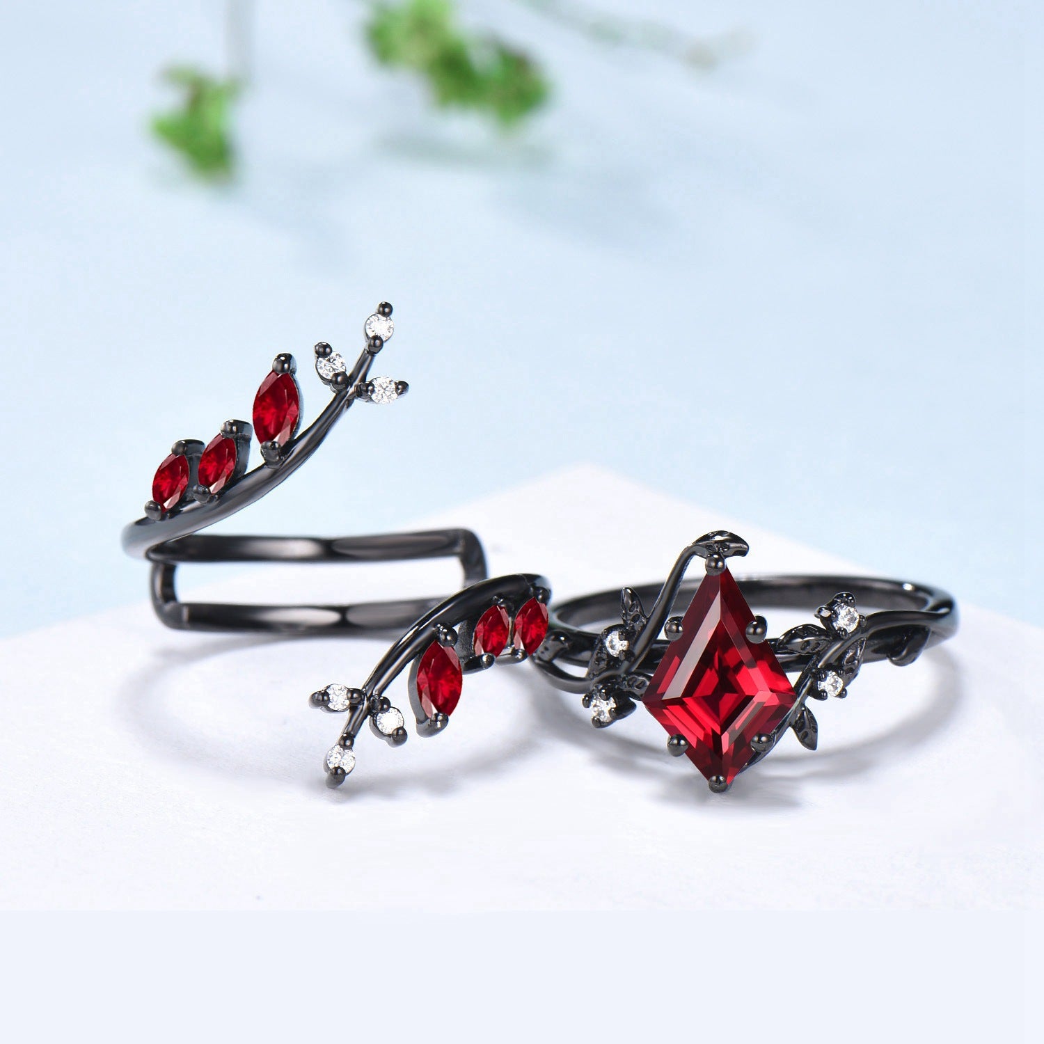 Nature Inspired Kite Cut Ruby Ring Set in Black Gold with Leaf Design - Gothic Engagement Ring for Knight Theme | Perfect for Weddings, Proposals & Medieval Fantasy Lovers