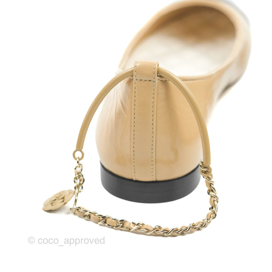 Chanel Cap Toe Ankle Chain Ballerina Flats - Women's Luxury Ballet Shoes in Black & Beige | Perfect for Office, Date Night & Special Occasions