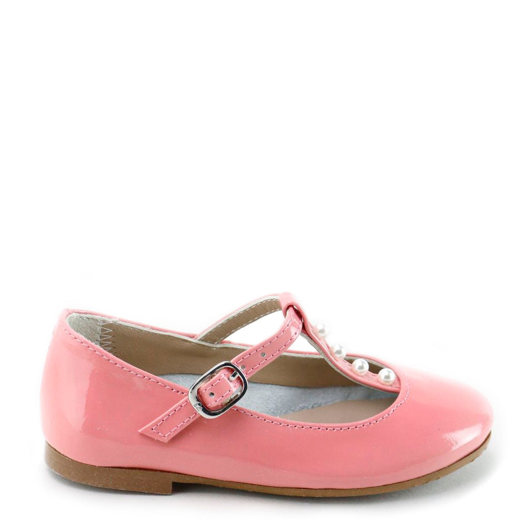 Papanatas Women's Salmon Patent Leather Mary Jane Shoes with Pearl Strap - Elegant Flats for Work, Party & Special Occasions