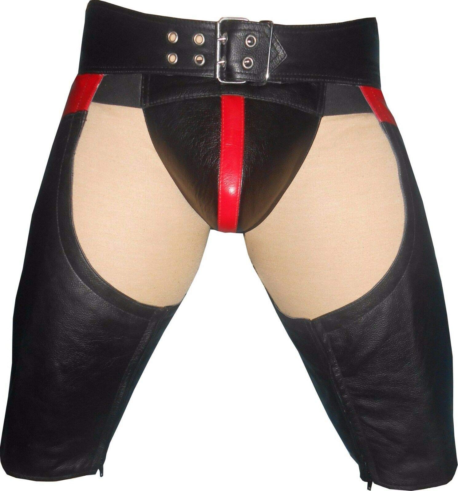 Genuine Cowhide Leather Shorts for Men - Black & Red Gay Chaps (42