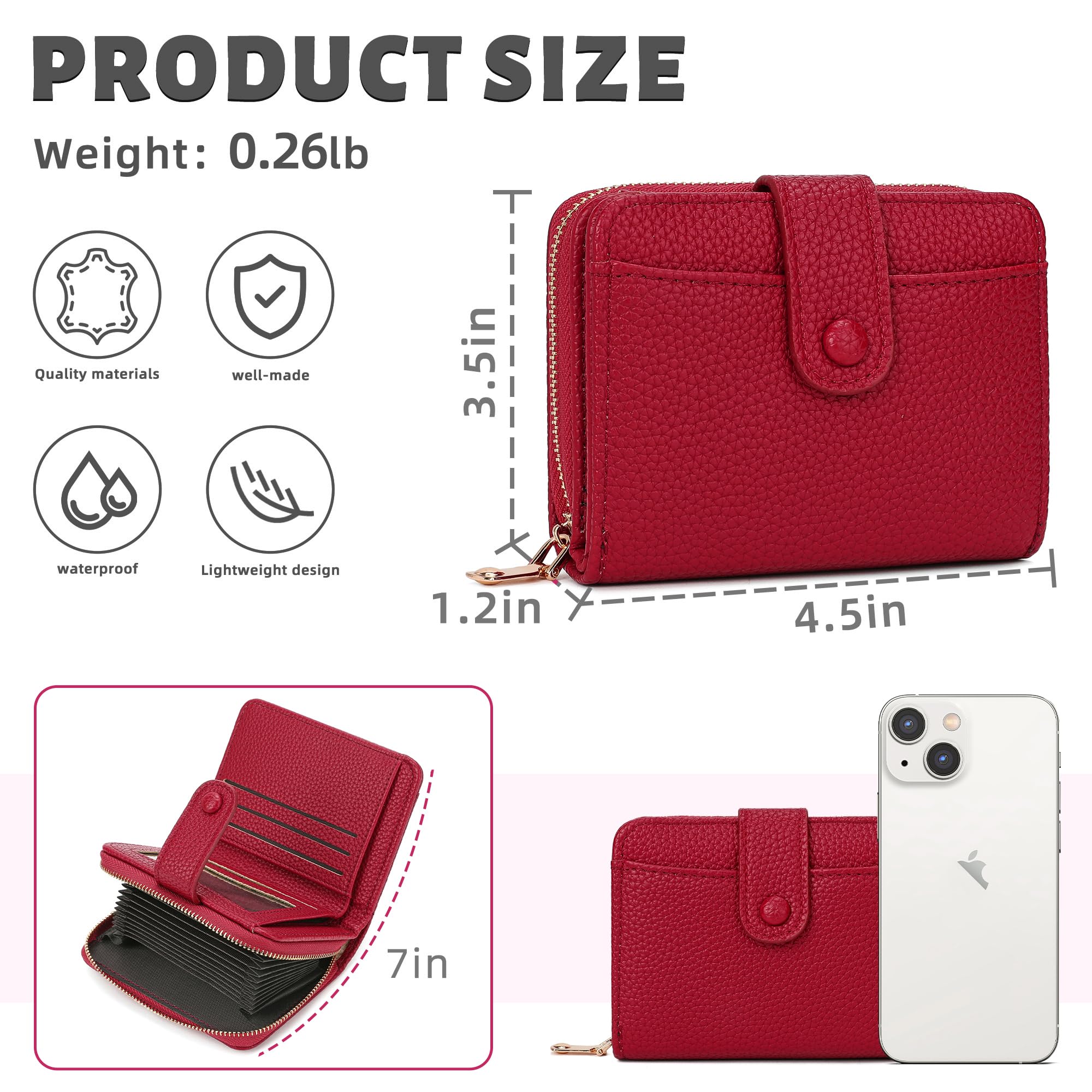 Mini Girl Bifold Credit Card Holder Wallet for Women - 16 Card Slots Zippered Card Case Organizer (Red) | Perfect for Everyday Use, Travel & Gift Giving