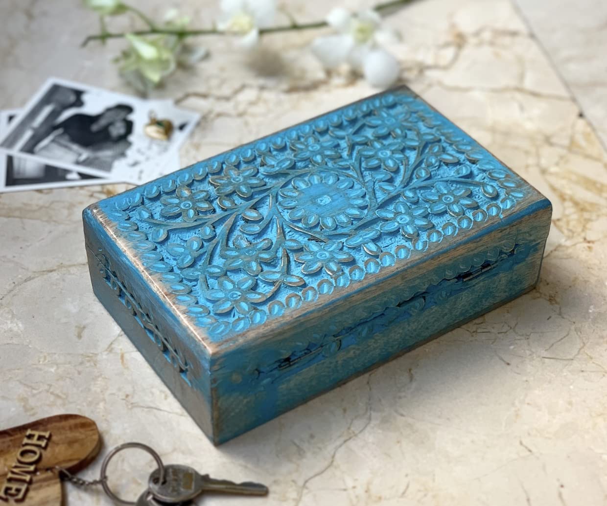 Handmade Wooden Jewelry Box with Blue Wash Finish - Elegant Jewelry Organizer, Keepsake Box & Watch Storage - Perfect Birthday, Housewarming Gift for Women - Ideal for Travel, Home Decor & Daily Jewelry Organization