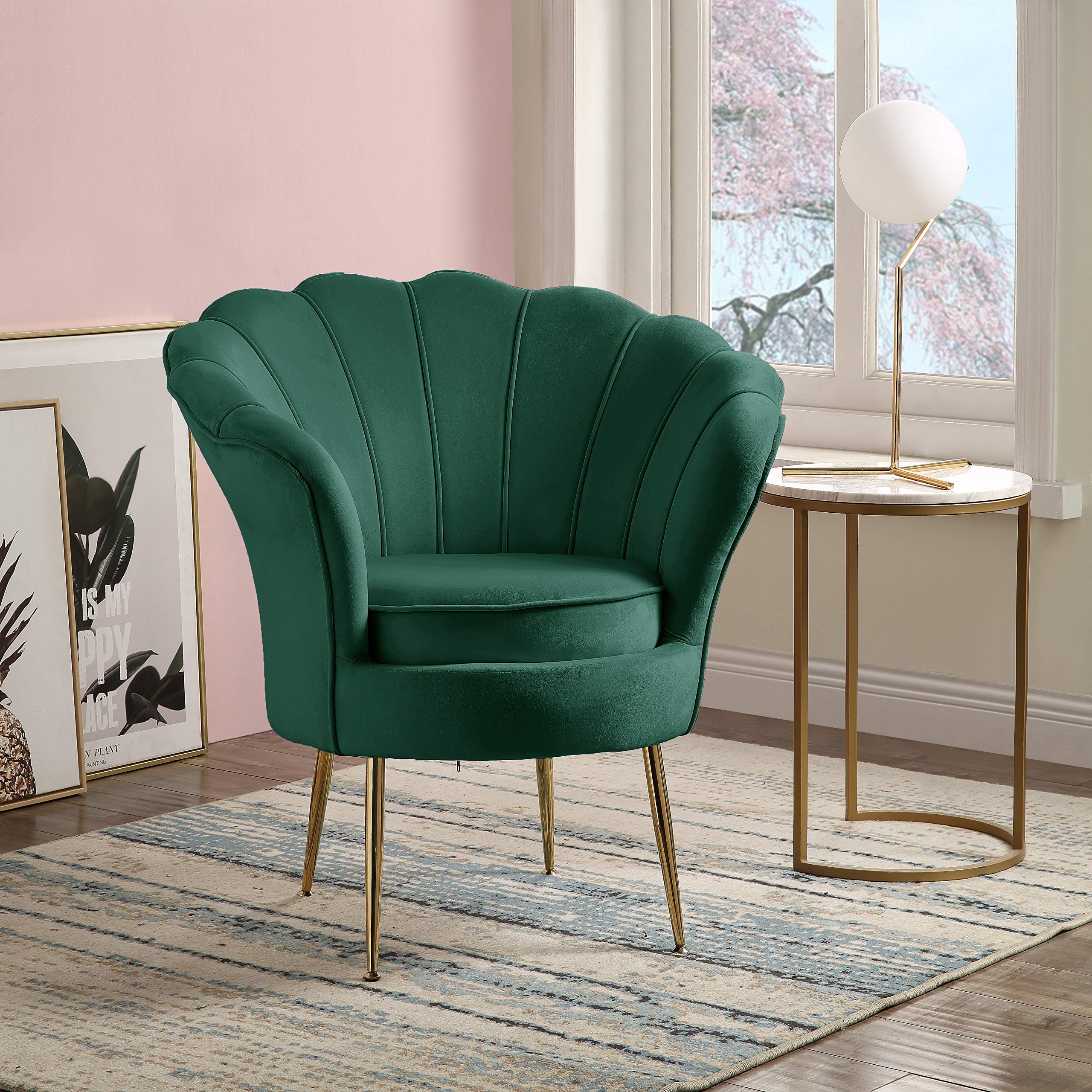 Lilola Home Angelina Green Velvet Scalloped Back Barrel Accent Chair with Metal Legs - Stylish Living Room Seating for Home Office, Bedroom & Lounge Decor