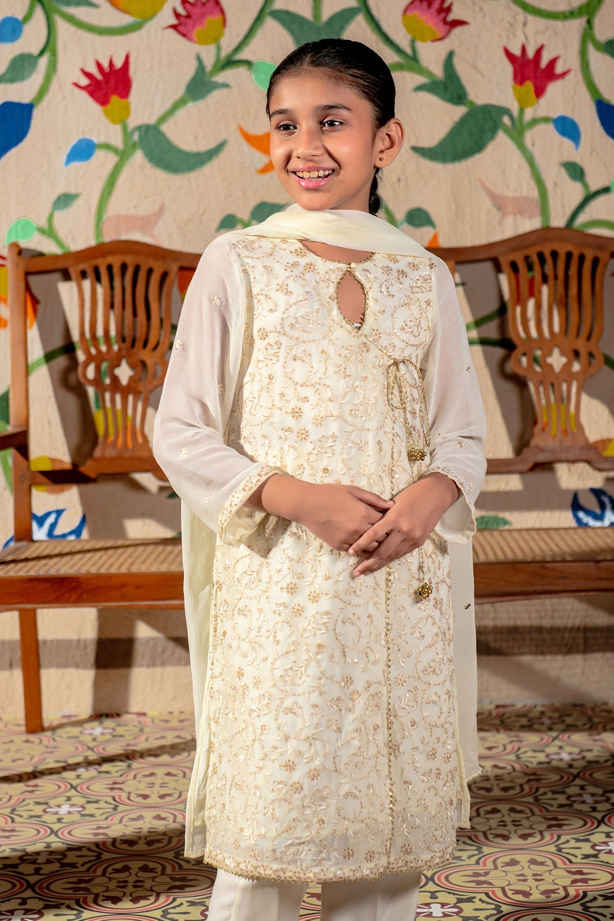 Elegant Chiffon Embroidered Off-White Stitched Suit in Ochre - Perfect for Weddings, Parties & Special Occasions