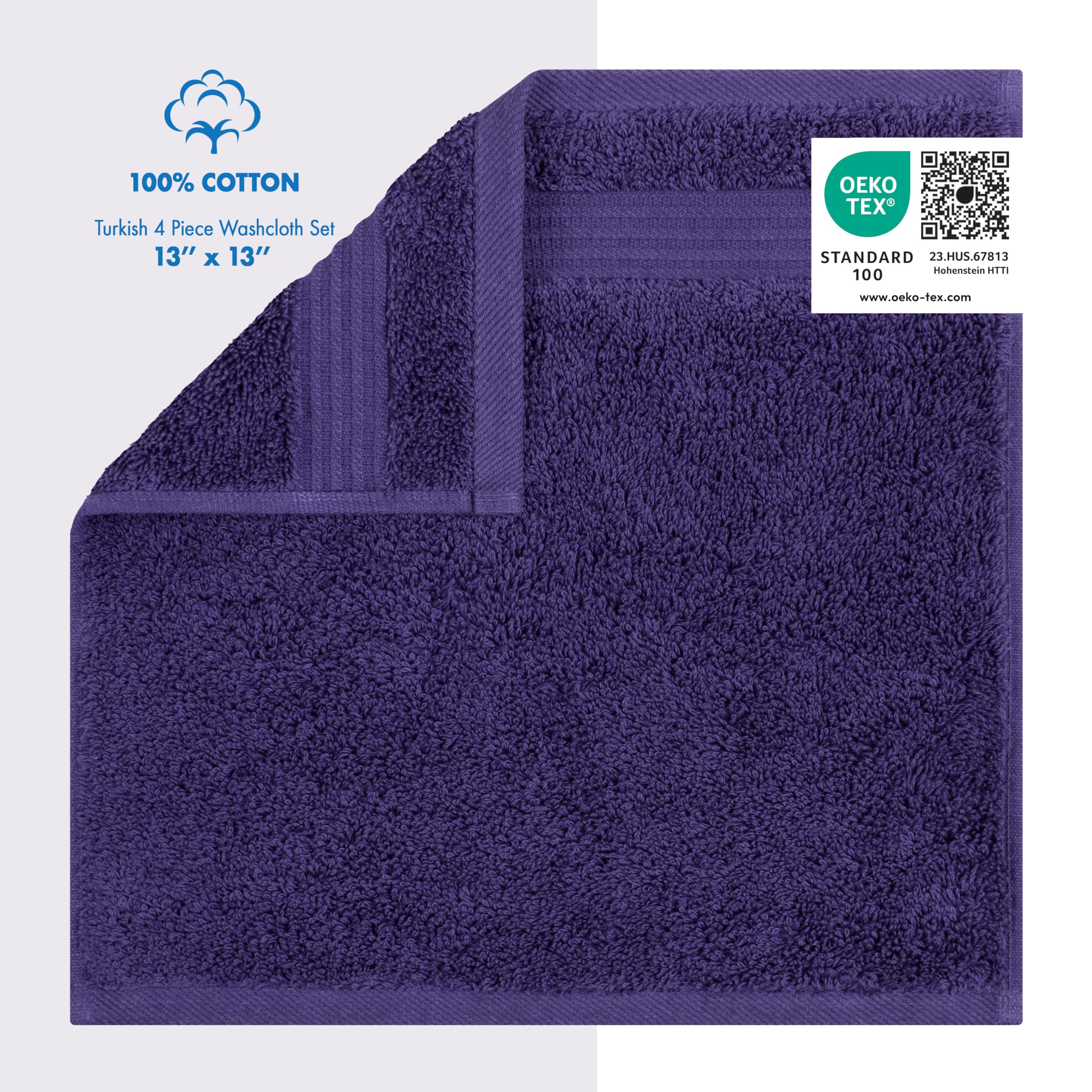 100% Cotton Turkish Washcloths - 4 Pack Soft Absorbent Face & Hand Towels for Bath & Body - Gentle Exfoliating Wash Rags (Purple) - Perfect for Spa, Baby Care & Sensitive Skin