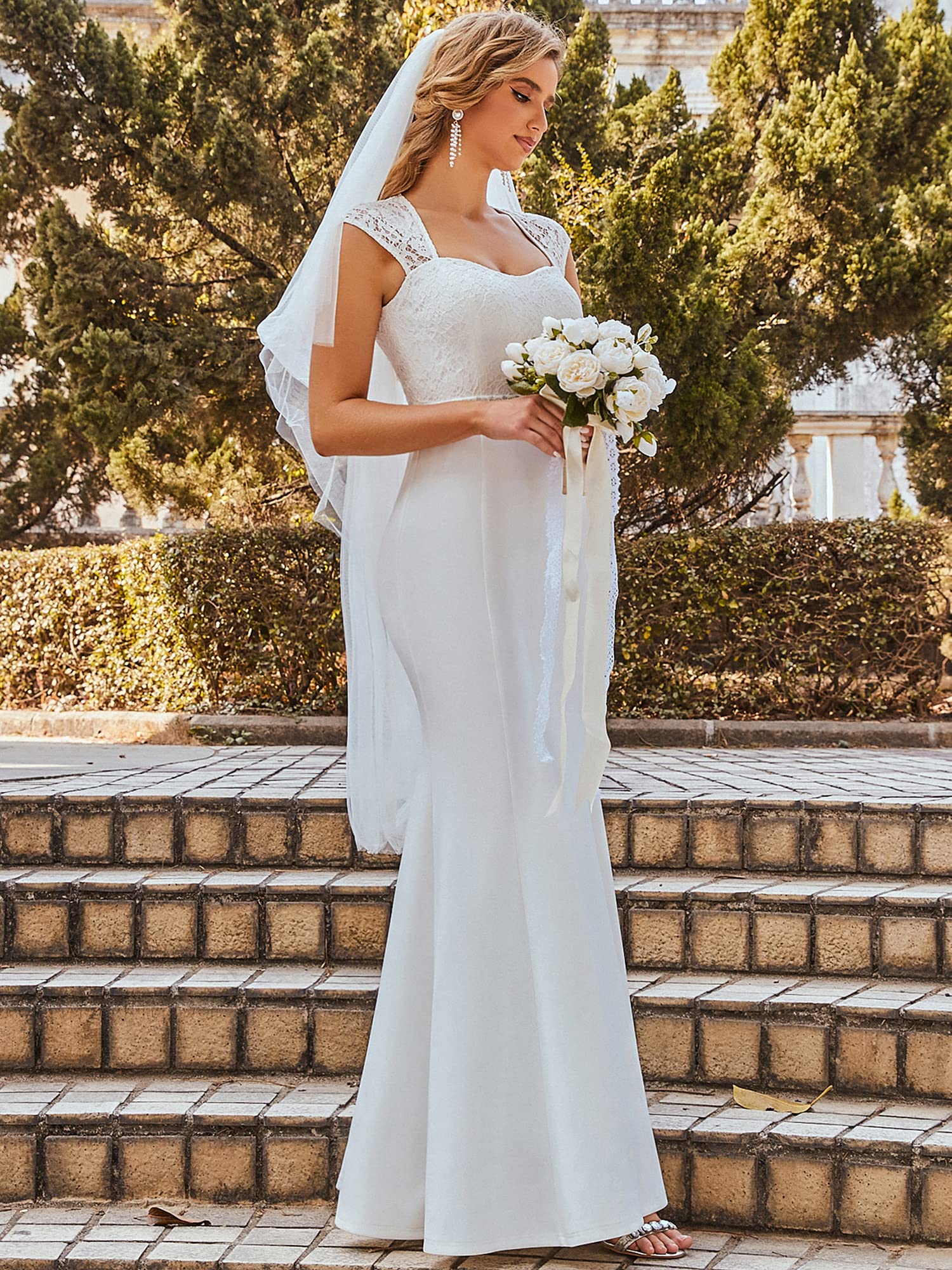 Ever-Pretty Women's Elegant Lace Cap Sleeve V-Neck Beaded Mermaid Wedding Dress for Bride - Perfect for Beach, Church, and Formal Wedding Ceremonies