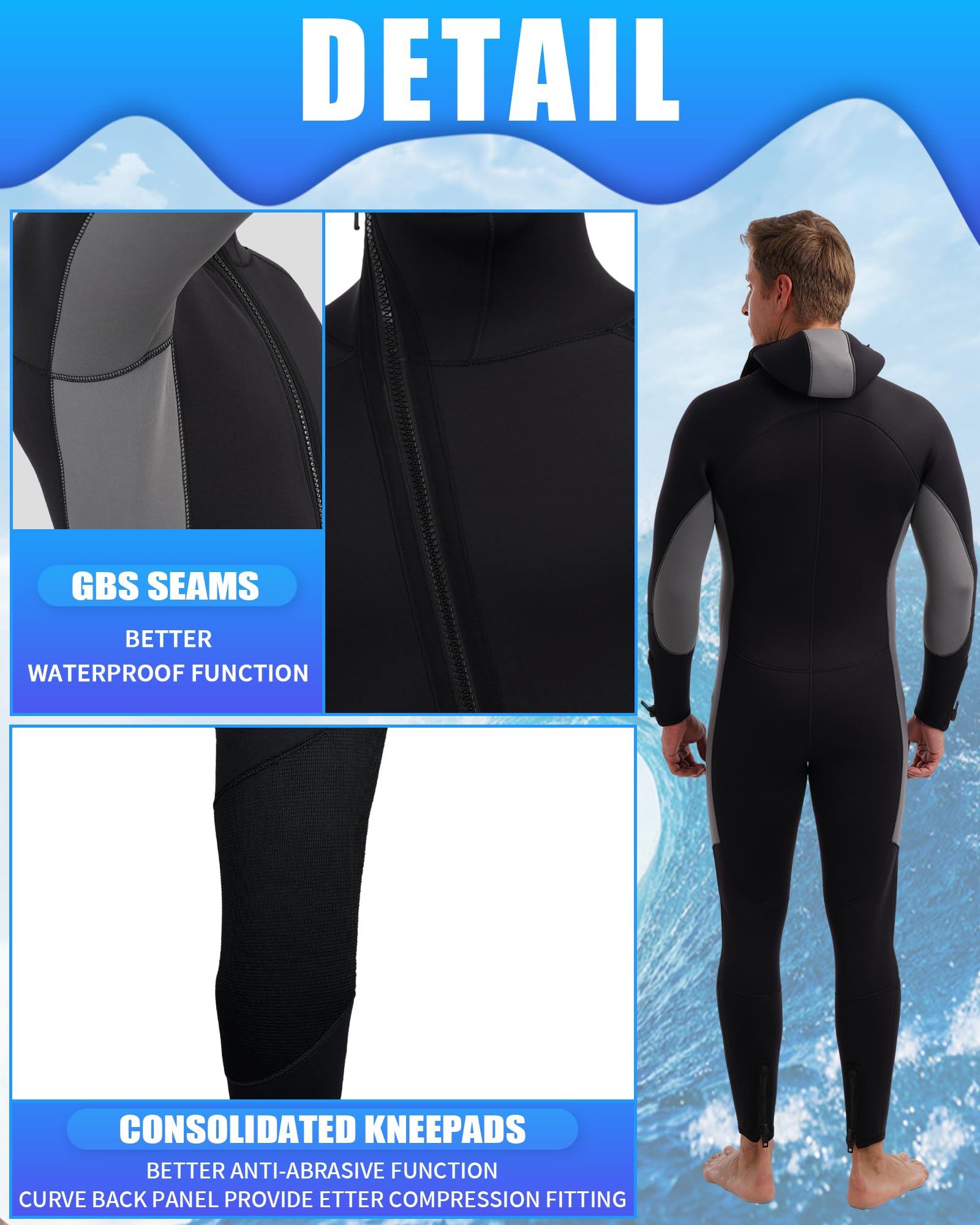 5mm Neoprene Men's Wetsuit with Hood - Full Body One Piece Thermal Spearfishing Suit - Front Zipper for Easy Wear - Cold Water Protection for Surfing, Swimming, Diving & Snorkeling - Ideal for Winter Water Sports and Marine Activities