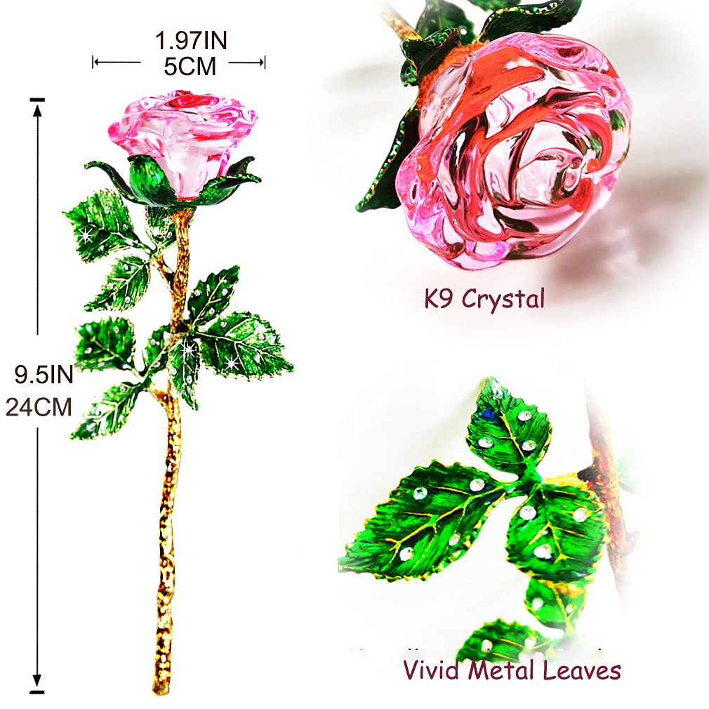 Eternal Pink Glass Rose Gift for Women - K9 Crystal Rose with Green Leaves & Wish Card - Unique Birthday, Christmas, Wedding, Valentine's Day Present - Perfect for Home Decor, Anniversary Surprise & Romantic Gestures