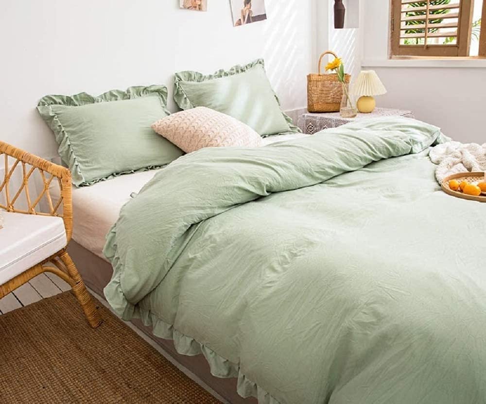 Sage Green Ruffled Duvet Cover - Queen/Twin/King Bedding Set for Cozy Bedrooms