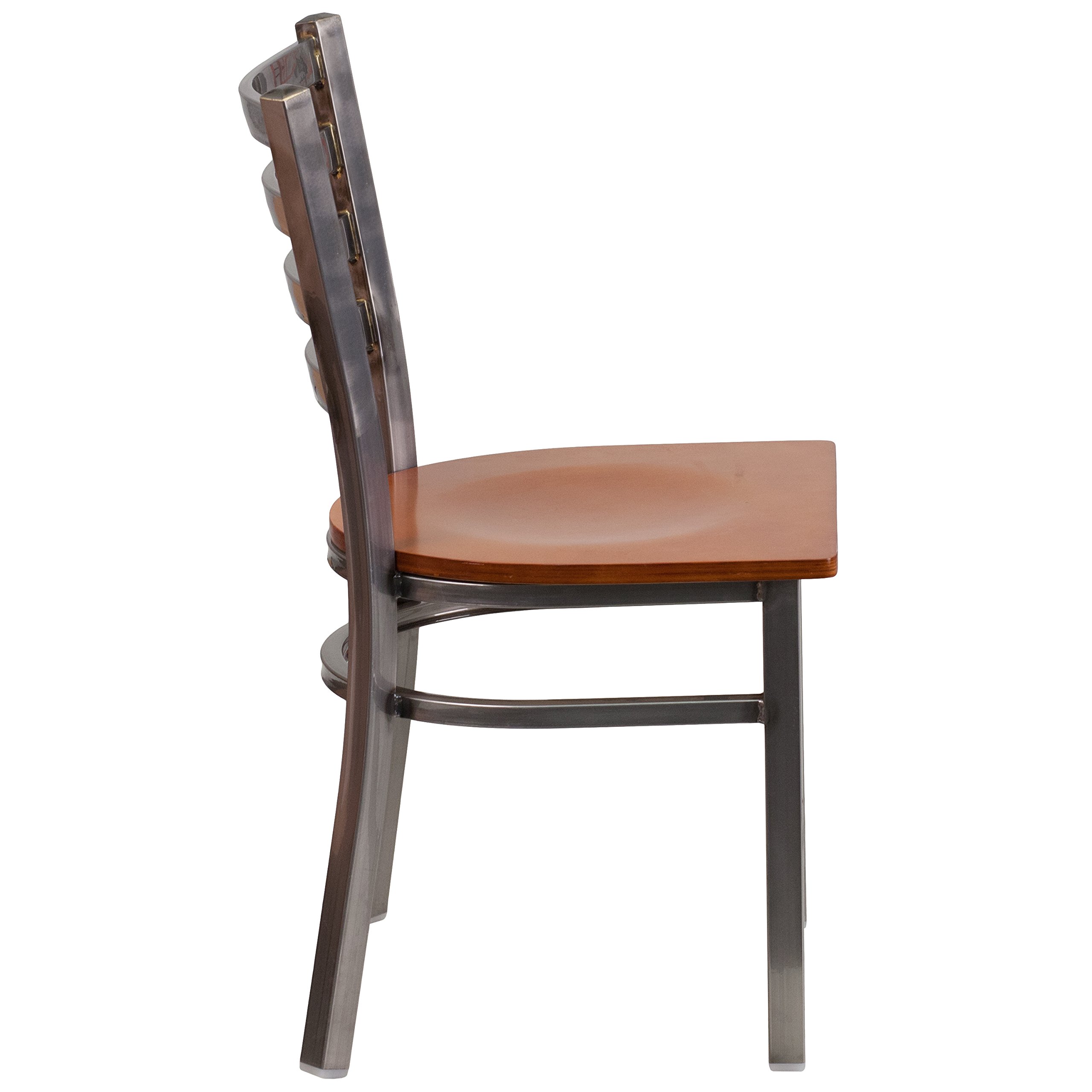 Clear Coated Ladder Back Metal Restaurant Chair with Cherry Wood Seat - Durable Commercial Dining Furniture for Cafes, Bistros and Home Kitchens