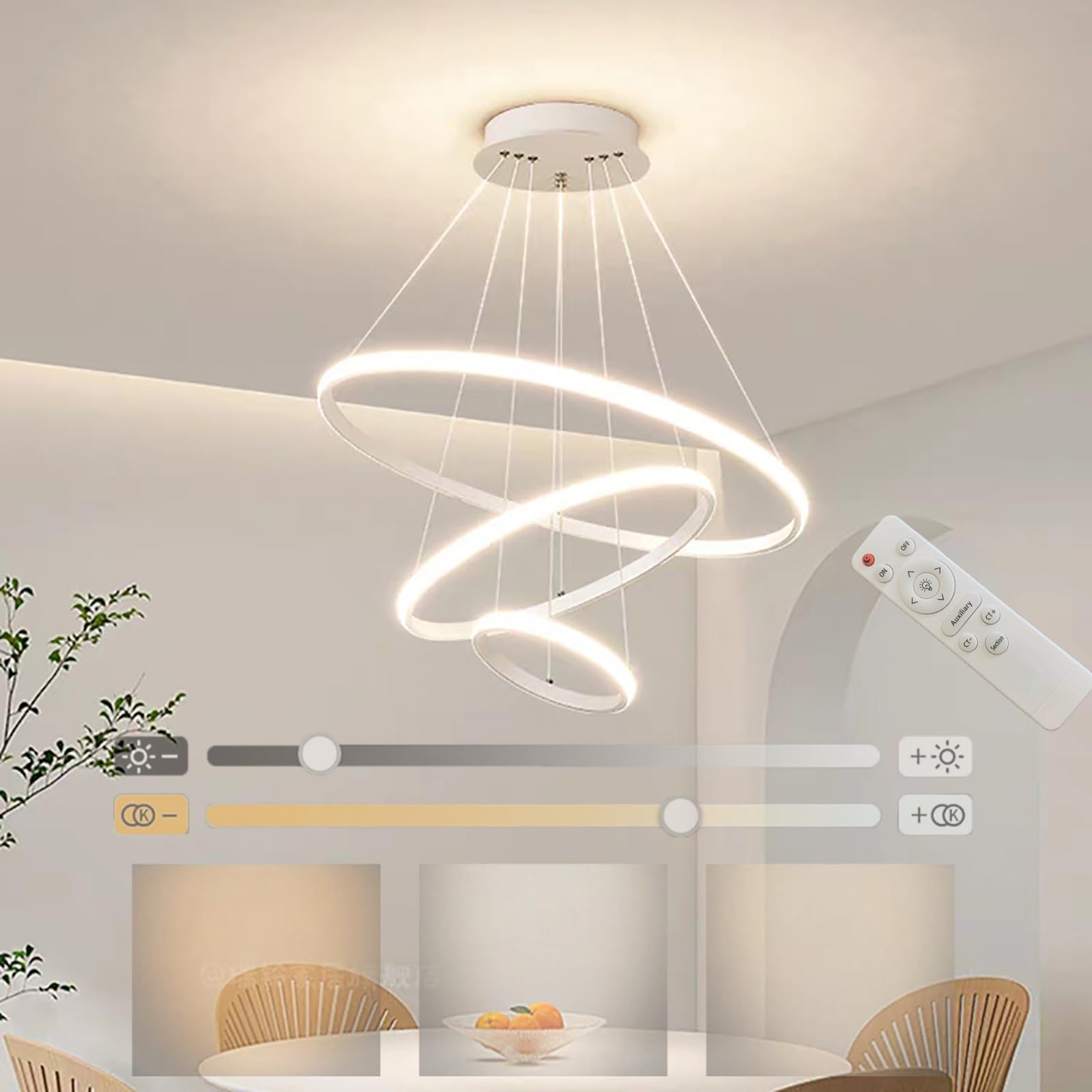 Modern Round Chandelier Lights - 3-Tier Dimmable LED Pendant Light with Remote Control for Dining Room, Kitchen & Office - White Finish | Energy Efficient Ceiling Lighting for Home Decor & Commercial Spaces