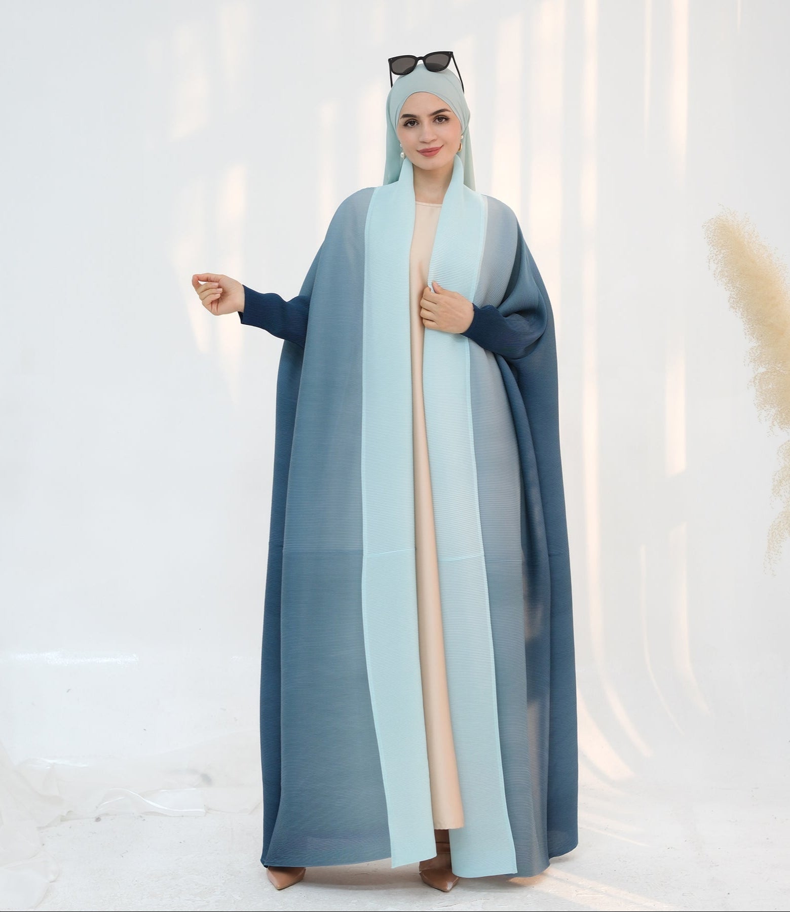 Elegant Pleated Ombre Kimono Open Abaya Dress - Blue Flowy Maxi Robe for Women | Perfect for Beach Cover Up, Evening Parties & Boho Fashion