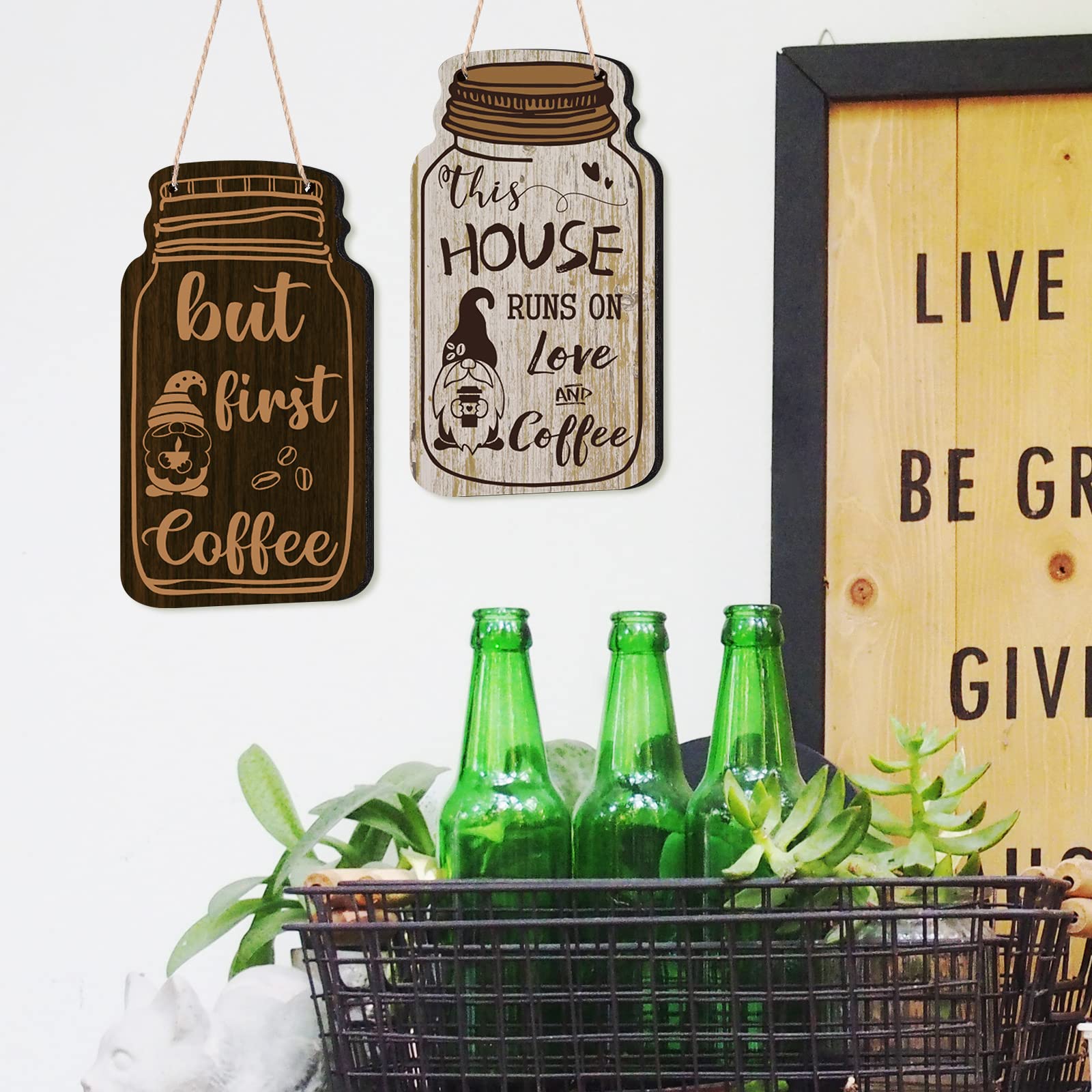 Jetec 4-Piece Coffee Bar Sign Set - Rustic Farmhouse Wooden Gnome Wall Decor with 'But First Coffee' Plaque - Perfect for Cafes, Kitchens & Coffee Lovers' Home Decor