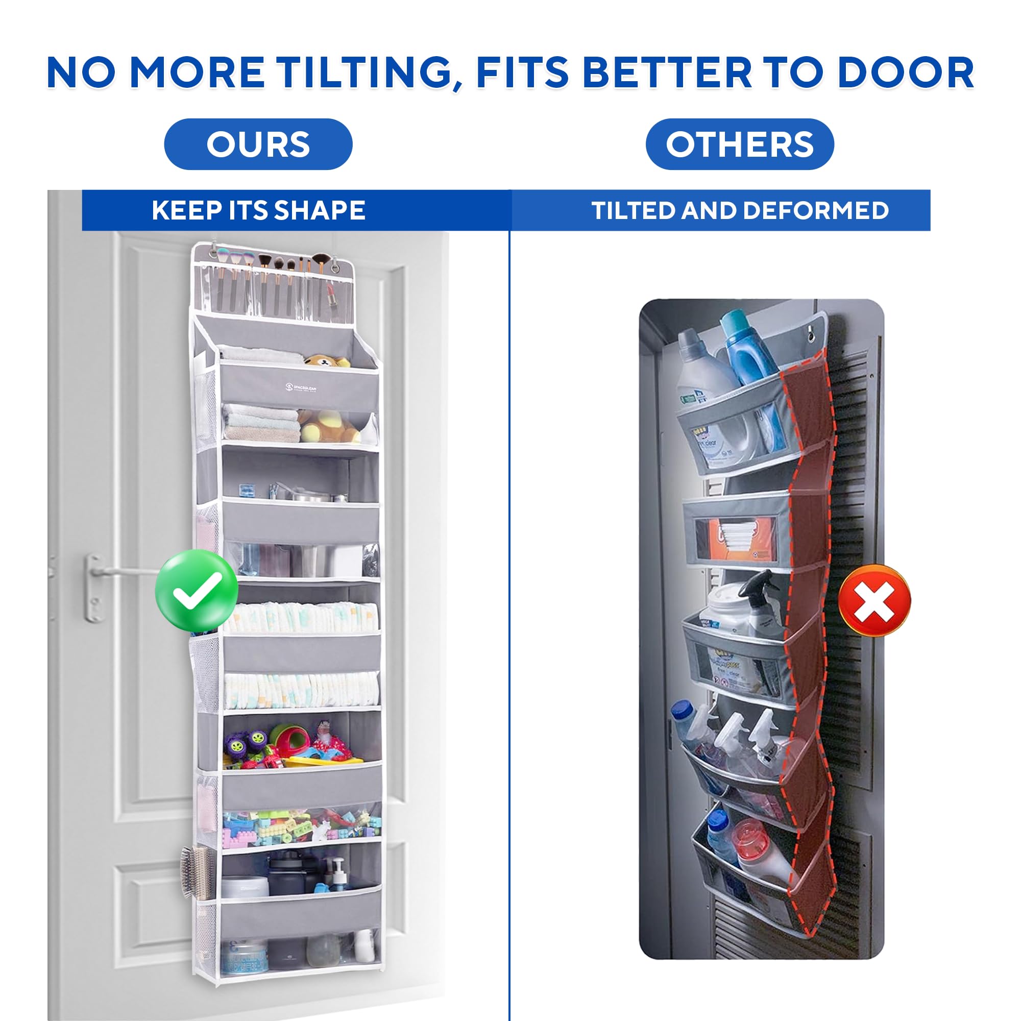 1 Pack Over Door Organizer with 5 Large Pockets & 10 Mesh Side Pockets - Hanging Storage Organizer with Clear Window for Kids Toys, Shoes, Diapers - Grey 5-Layer Space-Saving Solution for Nursery, Closet & Bathroom Organization