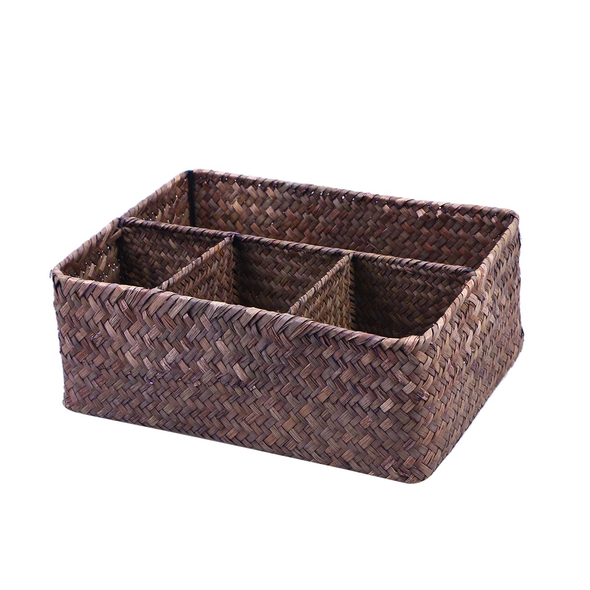 Stackable Wicker Makeup Organizer Drawer with Lid - Rectangular Seagrass Storage Baskets for Cosmetics | Desktop Woven Box for Beauty Products & Office Supplies