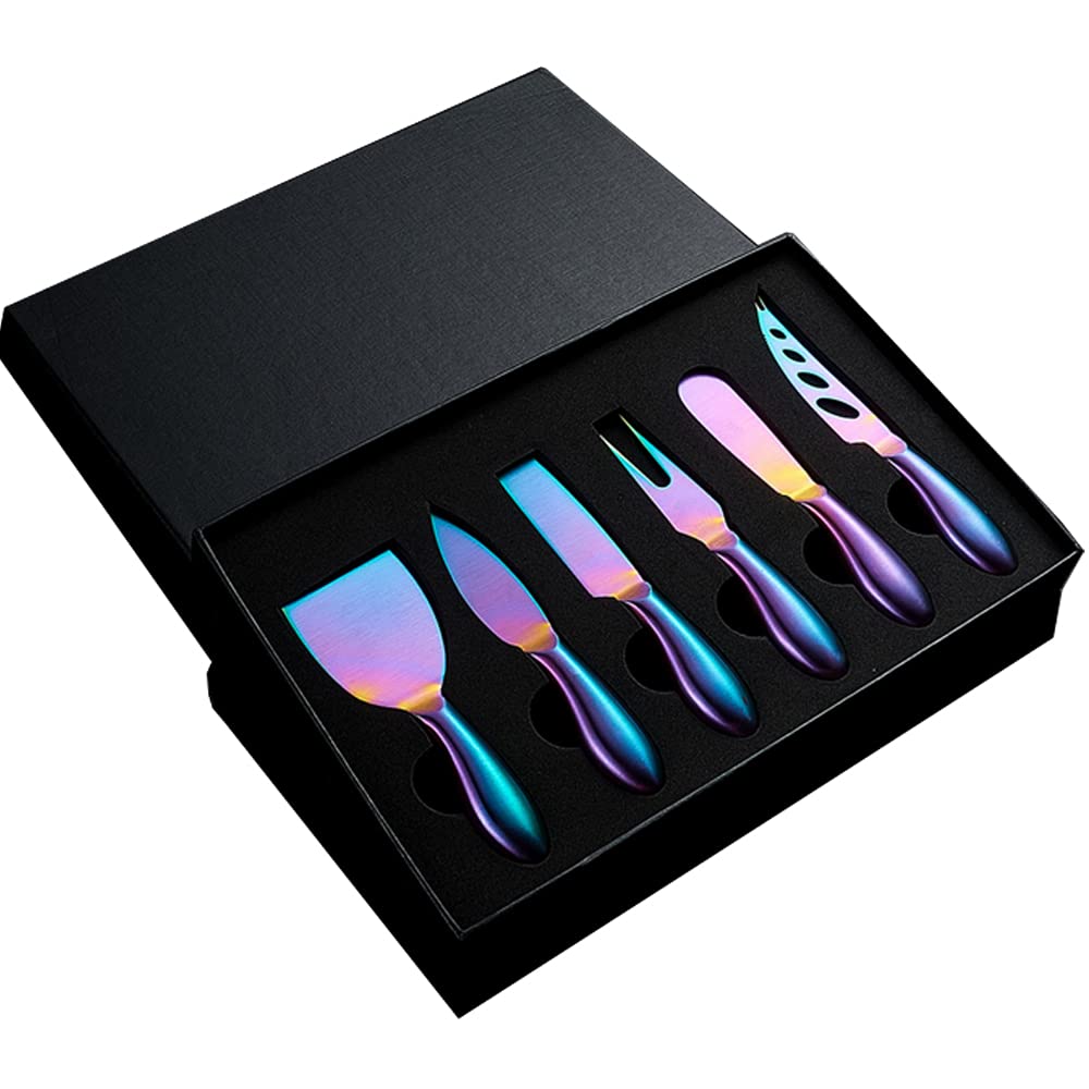6-Piece Premium Stainless Steel Cheese Knives Set - Cheese Slicer, Cutter, Fork & Spreader for Entertaining - Perfect for Parties, Weddings, Housewarmings & Anniversaries (Rainbow Color) - Great for Charcuterie Boards, Wine Pairings & Gourmet Cheese Tasting