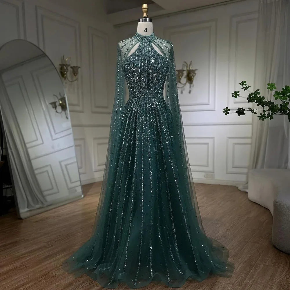 Elegant Arabic Turquoise A-Line Cape Sleeve Beaded Evening Gown for Women - Luxury Dubai Wedding Party Dress LA72306A | Perfect for Formal Events, Galas & Special Occasions