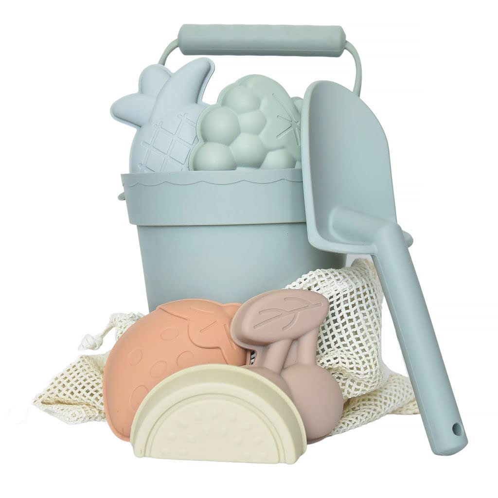 ForeverElla Silicone Beach Toys Set for Kids Ages 3-10 - 5 Sand Molds with Collapsible Bucket, Shovel & Storage Bag - Eco-Friendly Toddler Sand & Snow Play Toys - Perfect for Beach, Backyard & Winter Outdoor Activities (Green)
