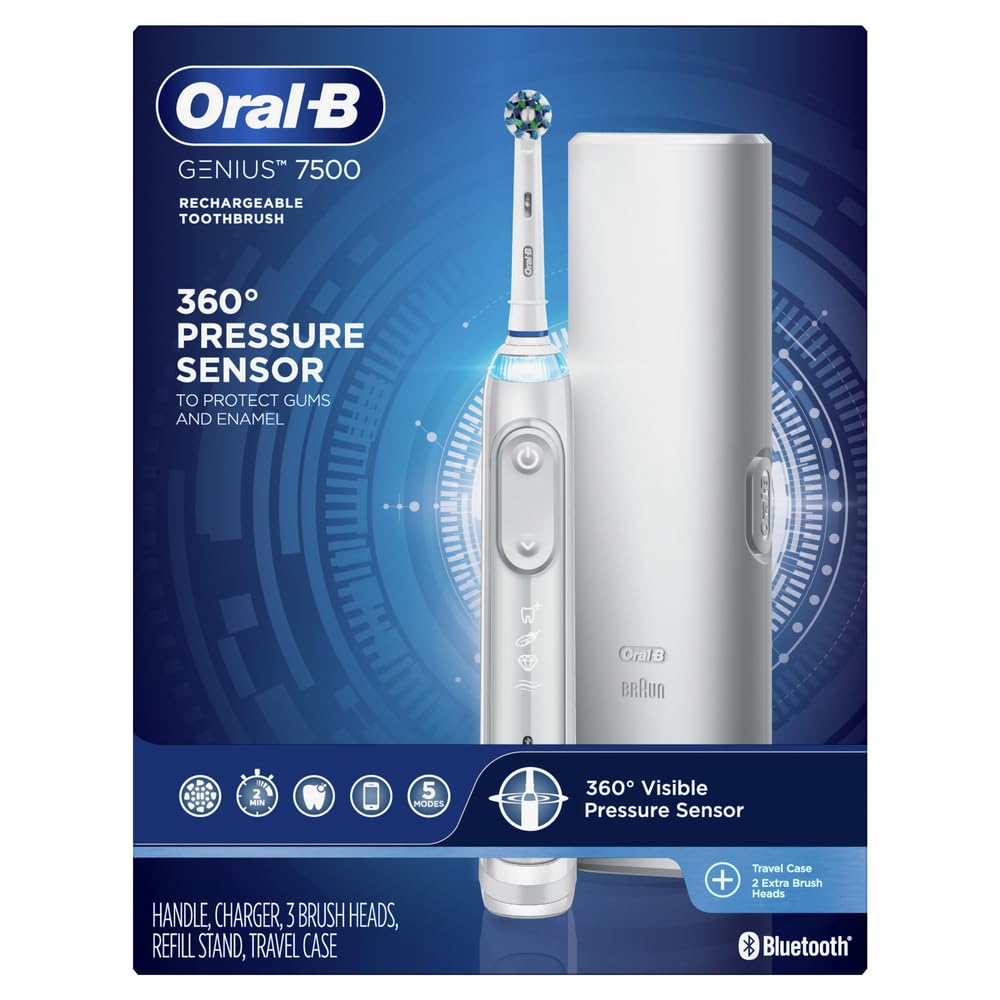 Oral-B 7500 Electric Toothbrush with 3 Replacement Brush Heads & Travel Case - Smart Pressure Sensor, Bluetooth Connectivity, White - Perfect for Travel, Home & Daily Oral Care