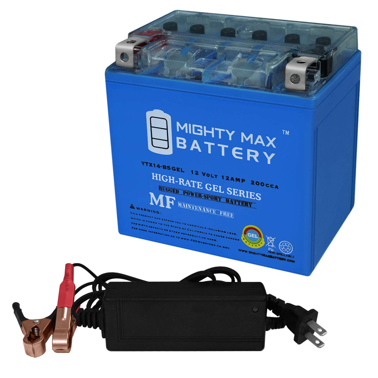 Mighty Max YTX14-BSGEL 12V Sealed Lead Acid (SLA) Replacement Battery for Gold ETX14 - Includes 2A Smart Charger - Powers ATVs, Motorcycles, Scooters & Power Sports Vehicles