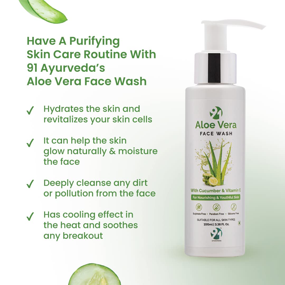 91 Ayurveda Aloe Vera Face Wash for Women & Men - 100ml Cucumber & Vitamin E Cleanser for Pimples, Dark Circles & Glowing Skin | Paraben-Free, Sulfate-Free Sensitive Skin Care | Perfect for Daily Skincare Routine & Acne-Prone Skin
