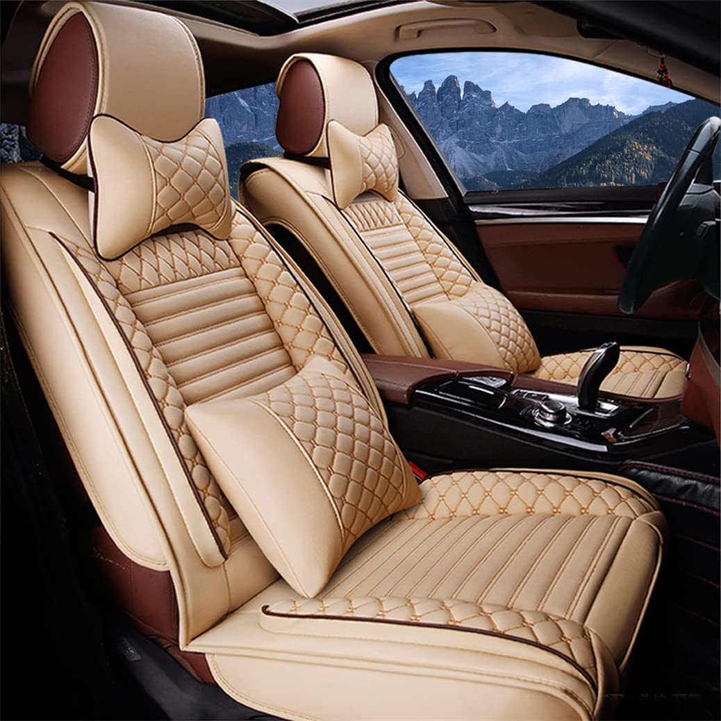 Premium PU Leather Car Seat Covers - Waterproof, Non-Slip, Airbag Compatible for Most Cars & SUVs (5-Piece Set with Pillows, Beige) - Perfect for Daily Commute, Road Trips & Family Travel