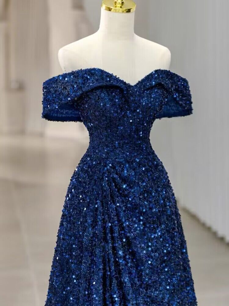 Navy Blue Sequin Off-the-Shoulder A-Line Long Prom Dress J2970 - Elegant Evening Gown for Homecoming, Formal Dances & Special Occasions