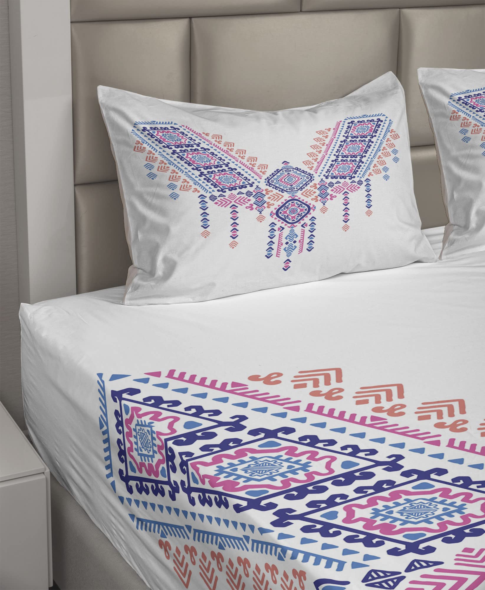 Ambesonne Tribal Geometric Aztec Bohemian Retro Print 4-Piece King Sheet Set - Fitted & Flat Sheets with Pillowcases - Coral Pink & Blue Bedding for Boho Chic, Retro, or Tribal Themed Bedrooms