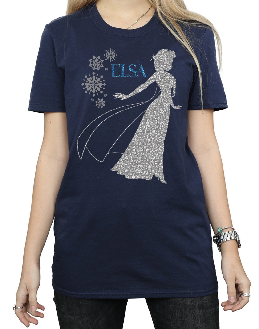 Disney Frozen Elsa Christmas Silhouette Women's Boyfriend Fit T-Shirt - X-Large Navy Blue | Casual Holiday Wear, Gift for Disney Fans, Christmas Party Outfit