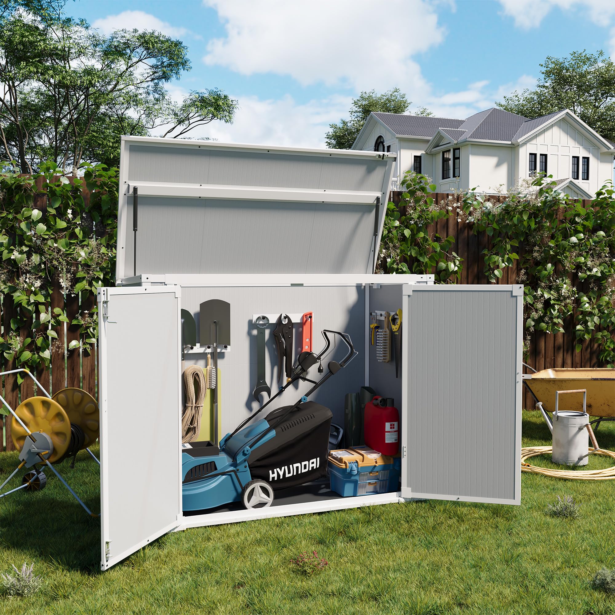 41 Cu.Ft Weatherproof Resin Outdoor Storage Shed with Lockable Doors & Gas Spring - Horizontal Design for Trash Cans, Lawn Mowers, Tools - Perfect for Patio, Backyard & Garden Organization (Grey)