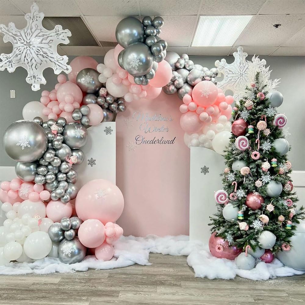 158Pcs Pink Snowflake Balloon Garland Arch Kit - Winter Wonderland Party Decorations with Metallic Silver & Red Balloons for Princess Theme, Onederland, Christmas & Baby Shower | Perfect for Indoor & Outdoor Holiday Decor, Birthday Parties & Special Events