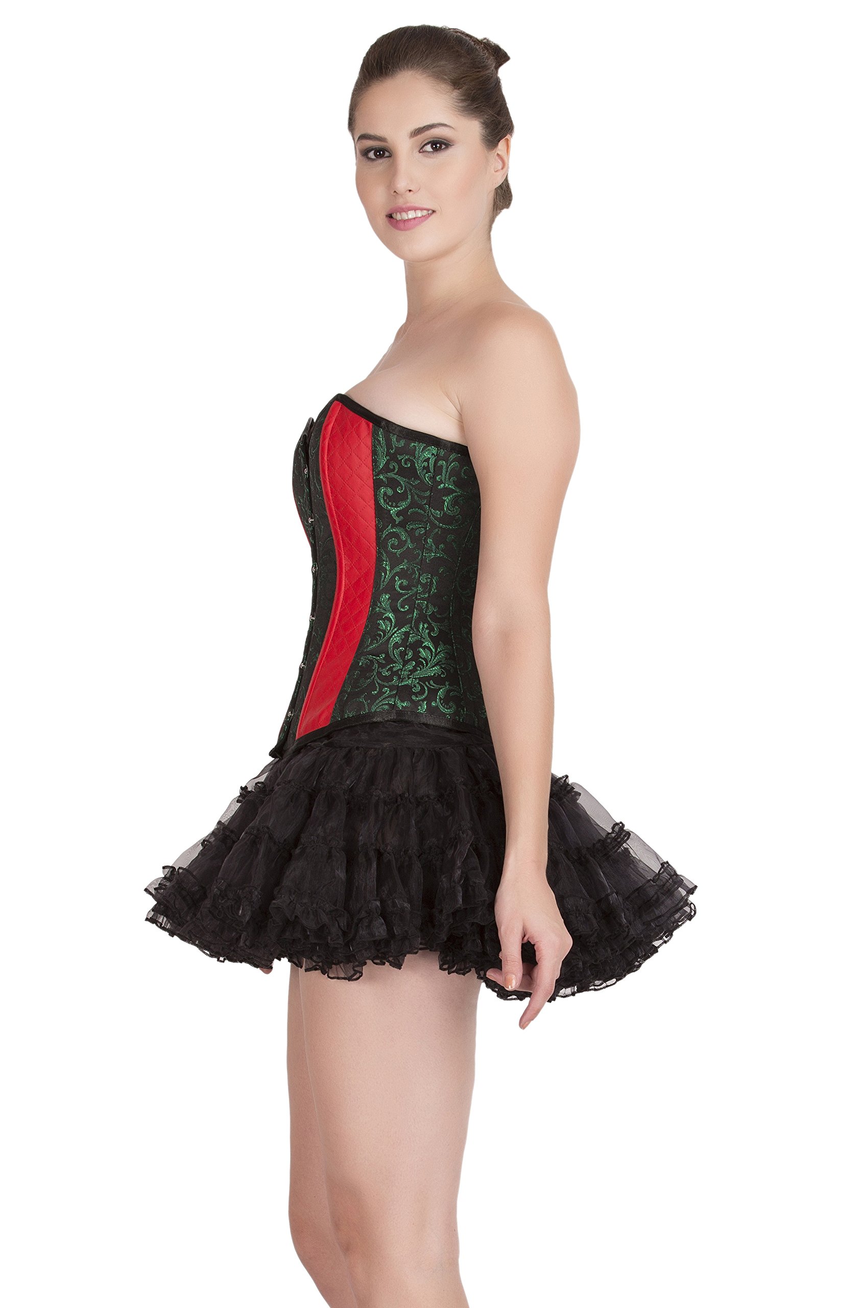 Gothic Burlesque Overbust Corset Dress with Green Black Brocade & Red Leather Tutu Skirt - Perfect for Halloween, Cosplay, and Steampunk Fashion Events