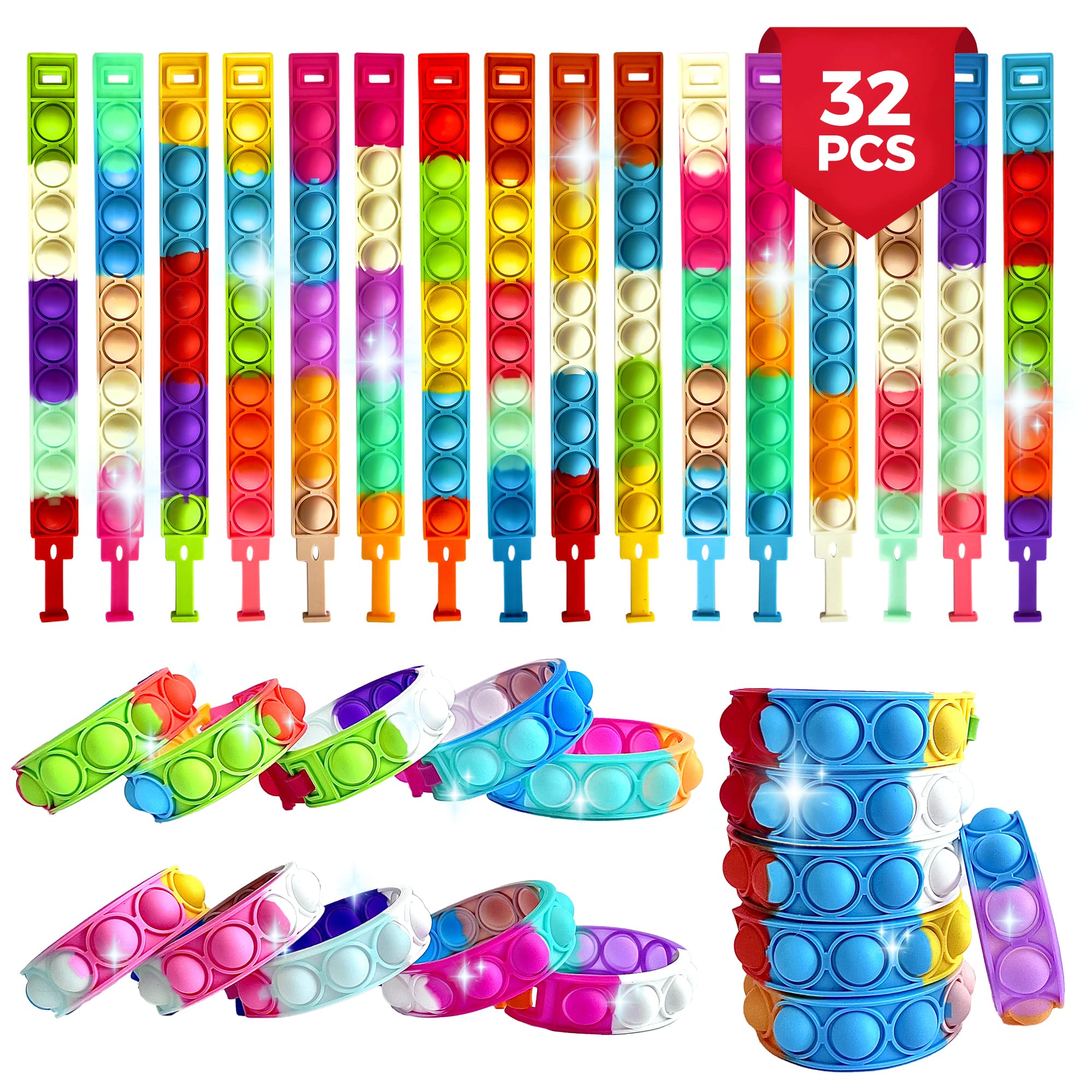 32-Piece Pop It Fidget Bracelets Set - Adjustable Rainbow Sensory Toys for Stress Relief & Anxiety - Autism Friendly Push Bubble Bracelets for Kids, Teens & Adults - Perfect for Classroom, Party Favors & Therapy Use