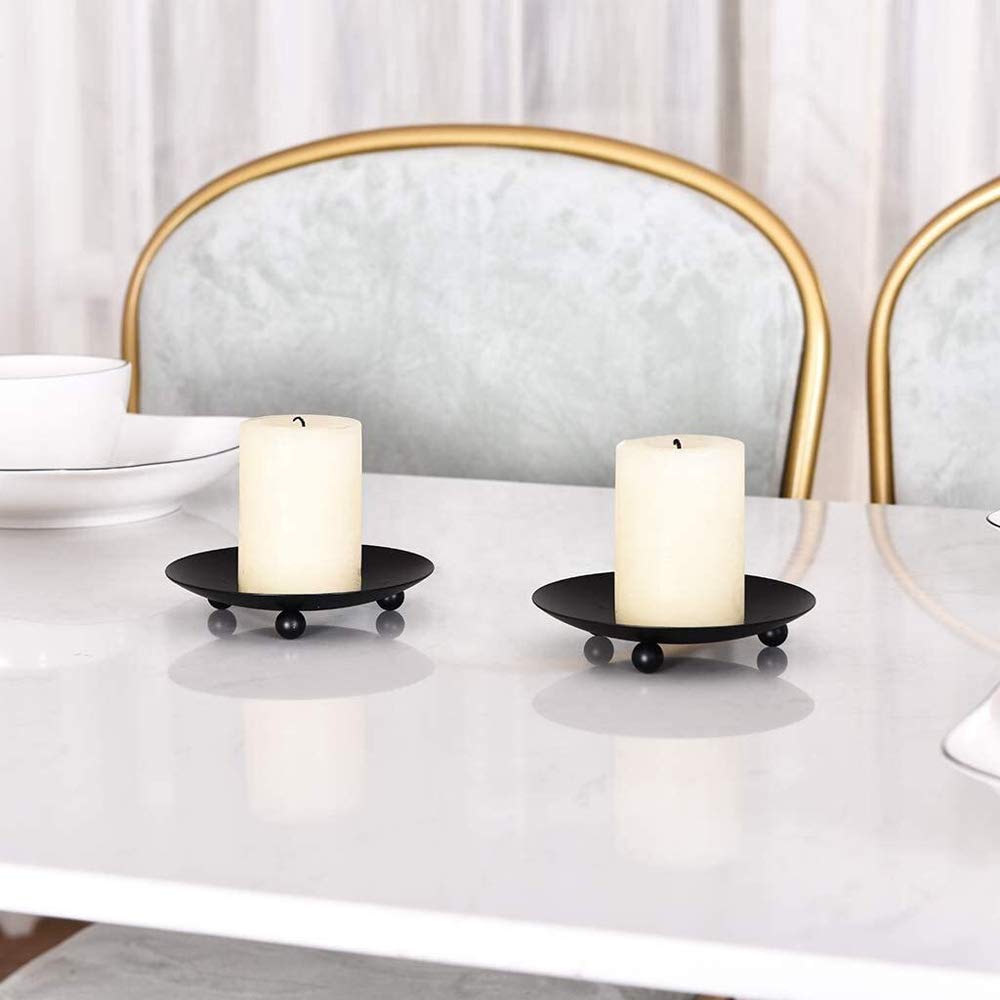 Black Iron Plate Candle Holder Set of 2 - Decorative Candle Stand for Wax Candles, Incense Cones - Perfect for Spa Relaxation, Christmas Decor & Birthday Parties - Home Décor & Gift Idea