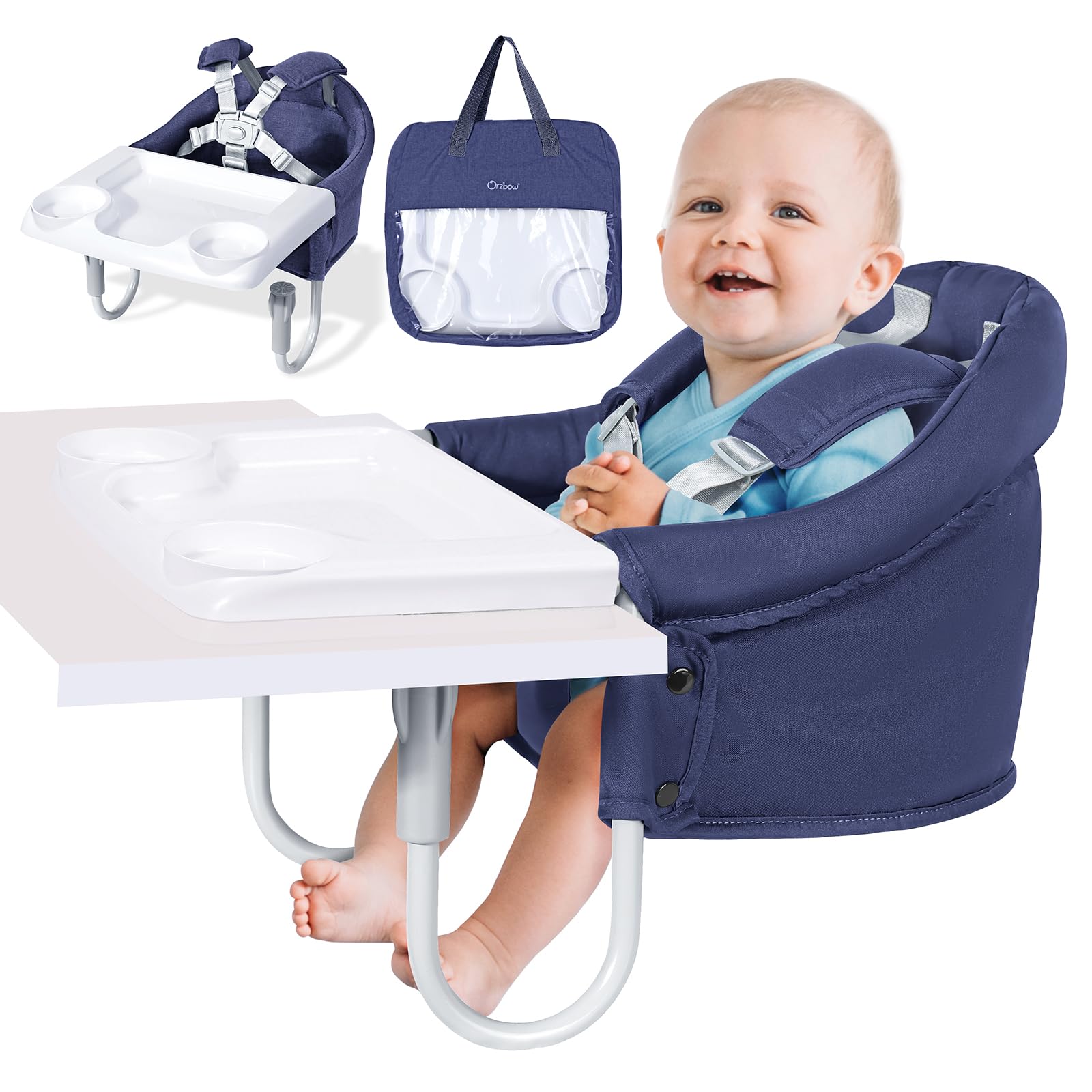 Orzbow Hook On High Chair with Removable Tray - Portable Folding Baby Booster Seat for Dining, Travel & Home - Includes Storage Bag - Easy Clip-On Design for Restaurants & Outdoor Use - Blue