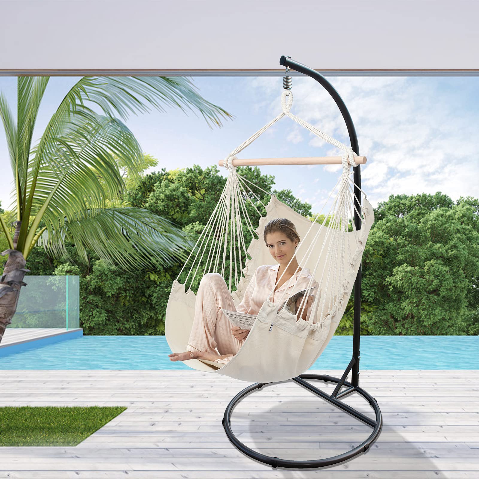 ONCLOUD Hanging Rope Hammock Chair Swing Seat with 2 Cushions - Indoor/Outdoor Use for Yard, Bedroom, Patio, Porch - Perfect for Relaxing, Reading & Lounging (Beige)