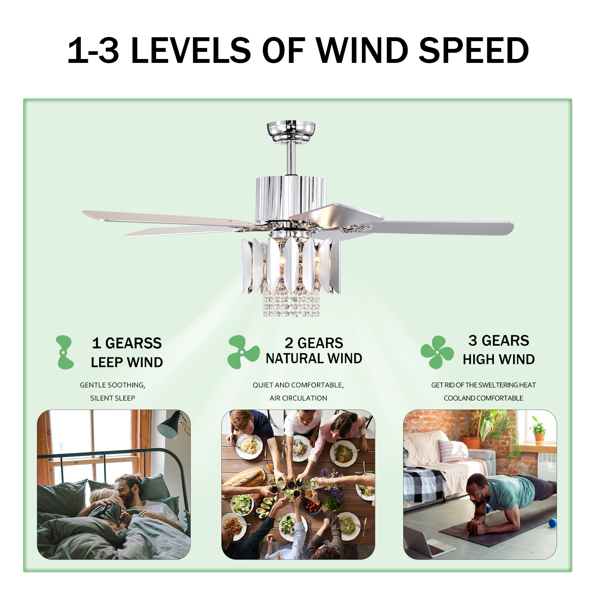 Crystal Ceiling Fan with Reversible Blades, 3 Wind Speeds & Remote Control - Perfect for Bedroom, Living Room & Dining Room (Chrome Finish) | Modern Cooling Solution for Home Comfort