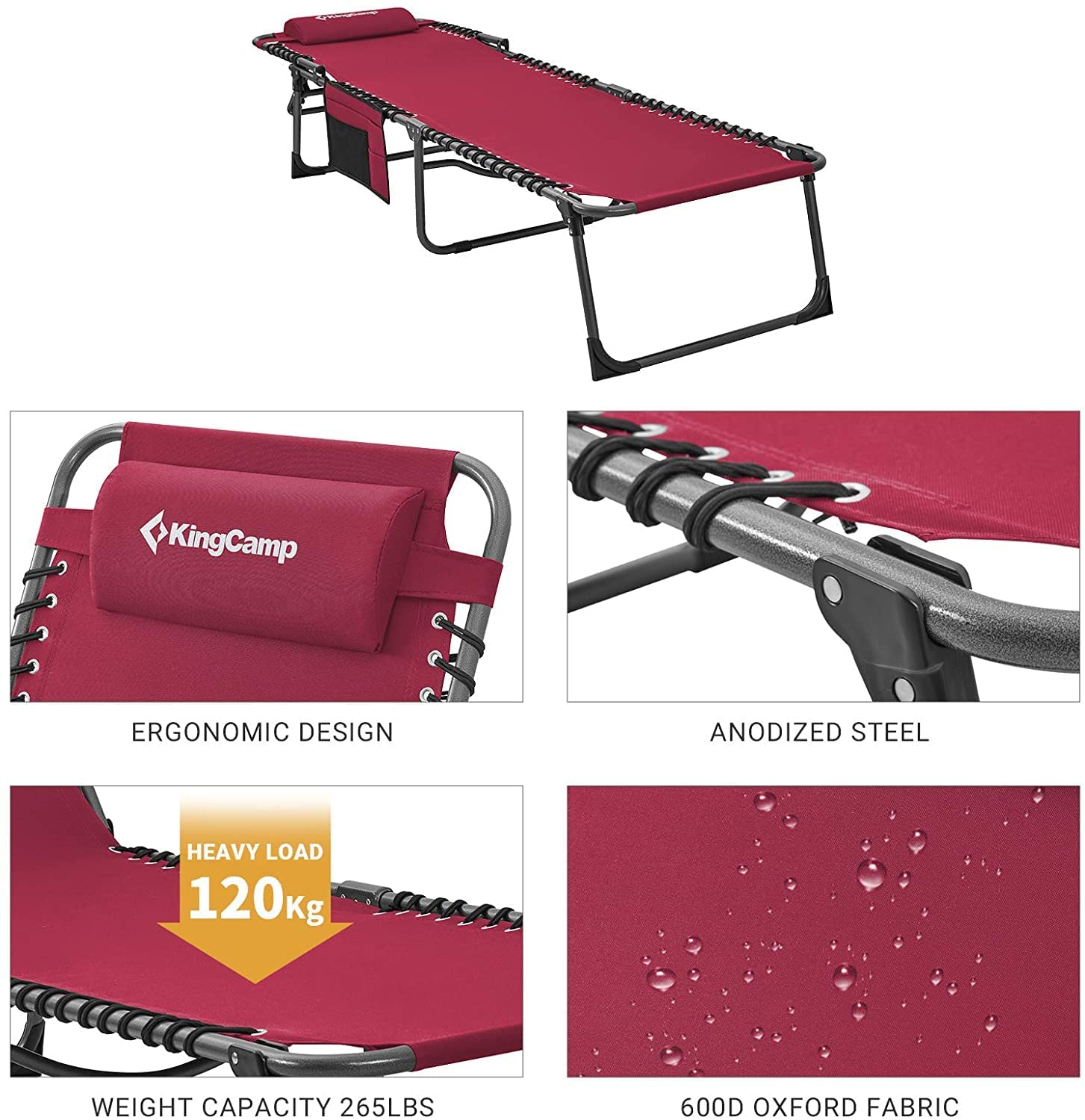 KingCamp Outdoor Chaise Lounge Chair - Foldable Patio Sun Chair for Camping, Beach, Pool & Garden - Heavy Duty, Lightweight & Portable with Adjustable Backrest & Pillow - Perfect for Sunbathing, Relaxing in Yard, Lawn or Backyard