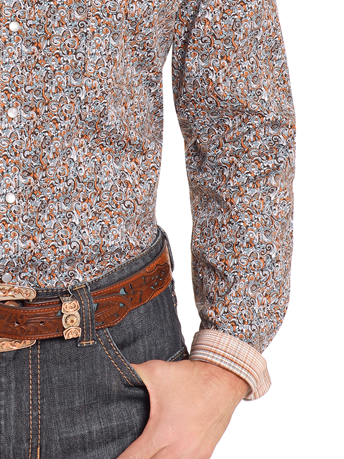 Men's Western Snap Long Sleeve Shirt in Orange - Classic Cowboy Style for Rodeo, Ranch Work & Casual Wear