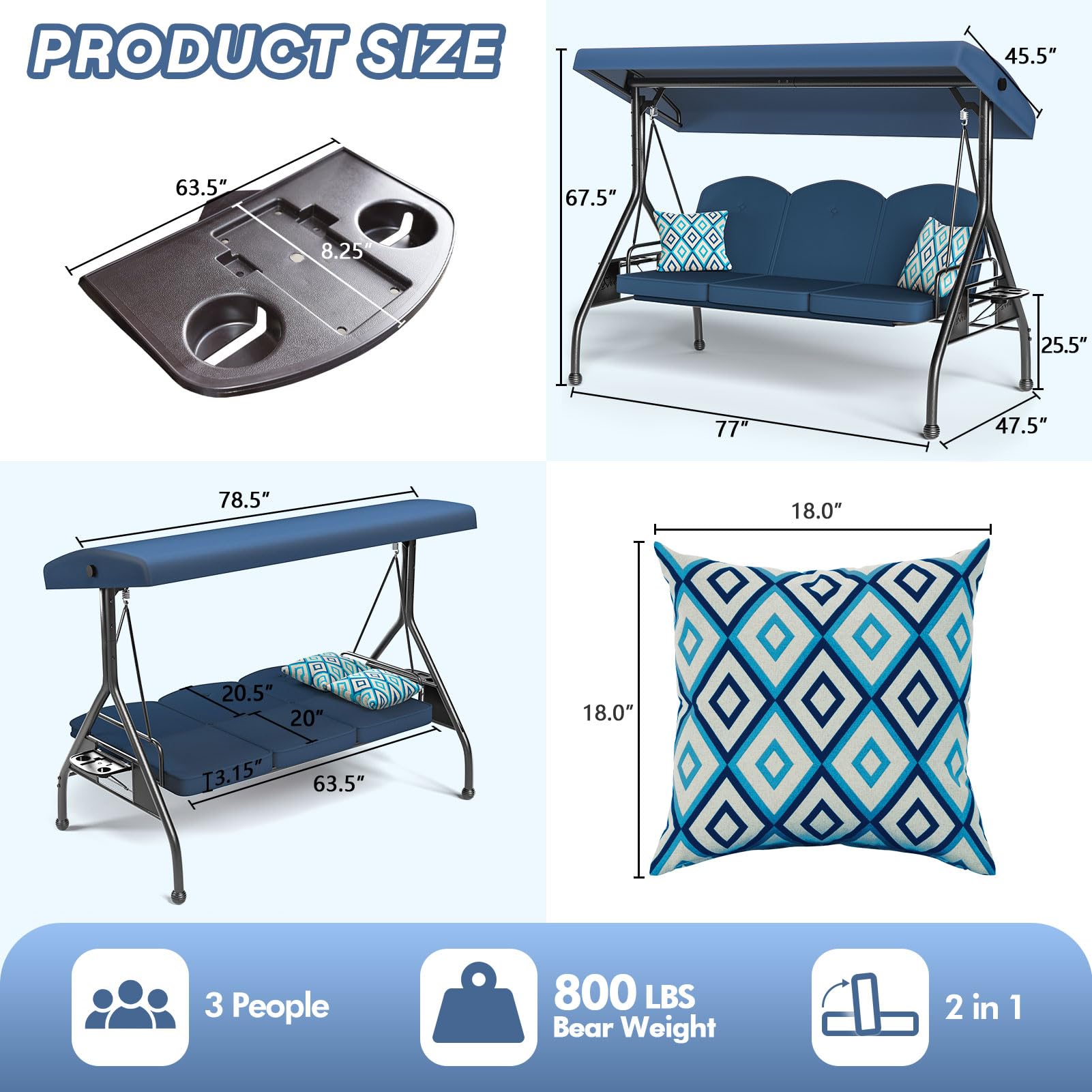 3-Seat Outdoor Porch Swing - 800lb Capacity 2-in-1 Patio Glider Chair with Adjustable Canopy & Removable Cushions - Heavy Duty Square Tube Stand for Yard, Garden, Deck or Backyard Relaxation (Blue)