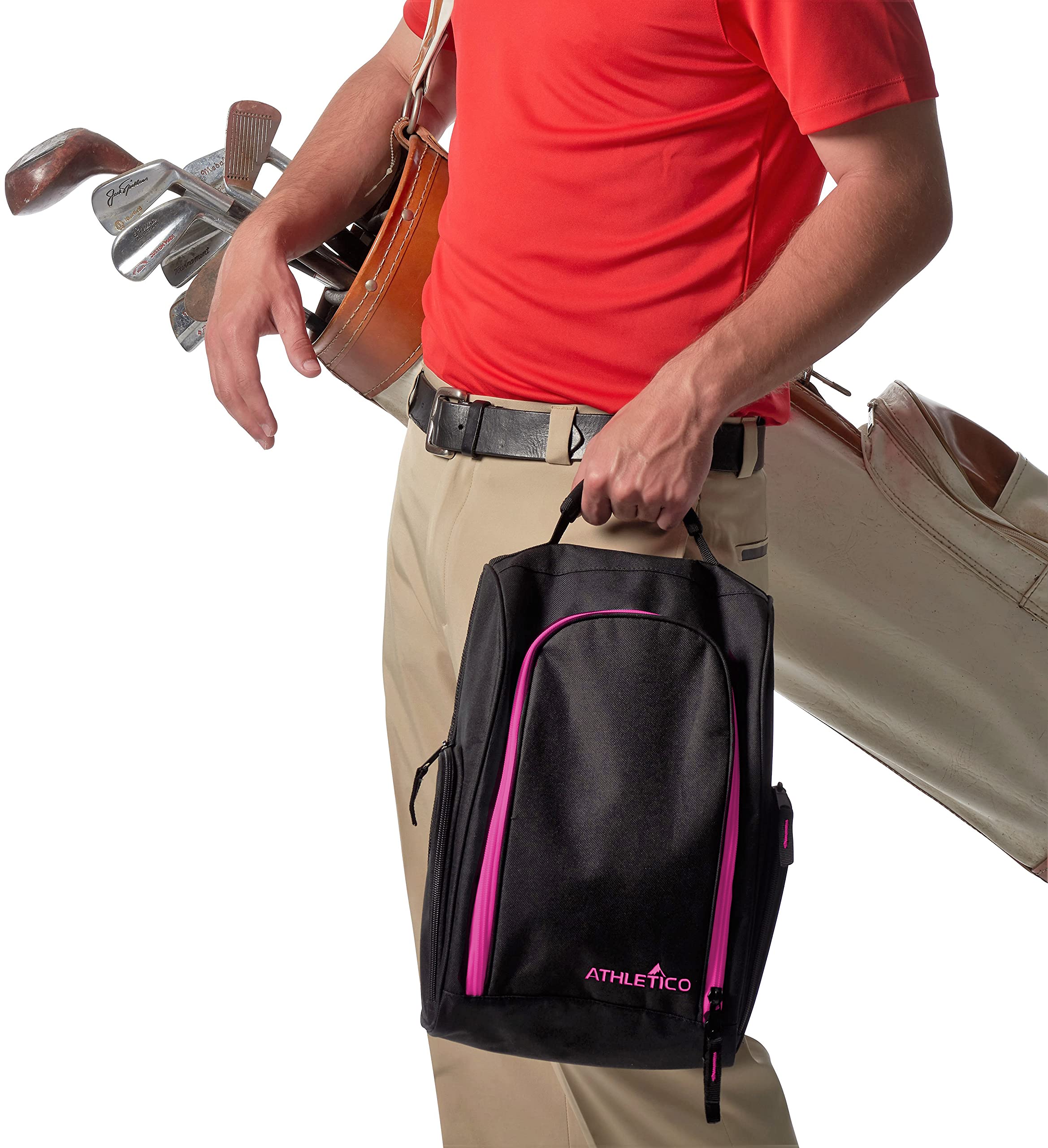 Athletico Golf Shoe Bag - Premium Zippered Shoe Carrier with Ventilation & Exterior Pocket for Socks, Tees & Accessories (Black/Pink) - Perfect for Golf Courses, Travel & Gym Storage