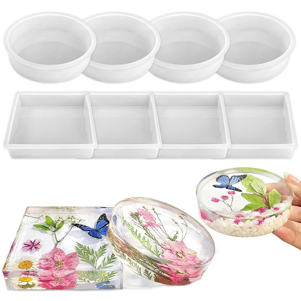 RESINWORLD 8-Piece Square & Round Coaster Silicone Molds Set for DIY Resin Casting, Flower Preservation, Home Decor - Perfect for Coffee Tables, Gifts & Craft Projects