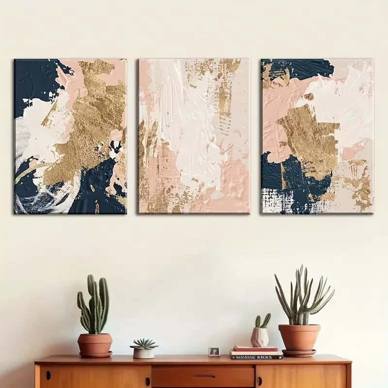 3-Piece Modern Abstract Fashion Wall Art Set - Gold, Pink & Blue Framed Canvas Prints 40x60cm | High Quality Australian Made | Perfect for Living Room, Bedroom & Office Decor