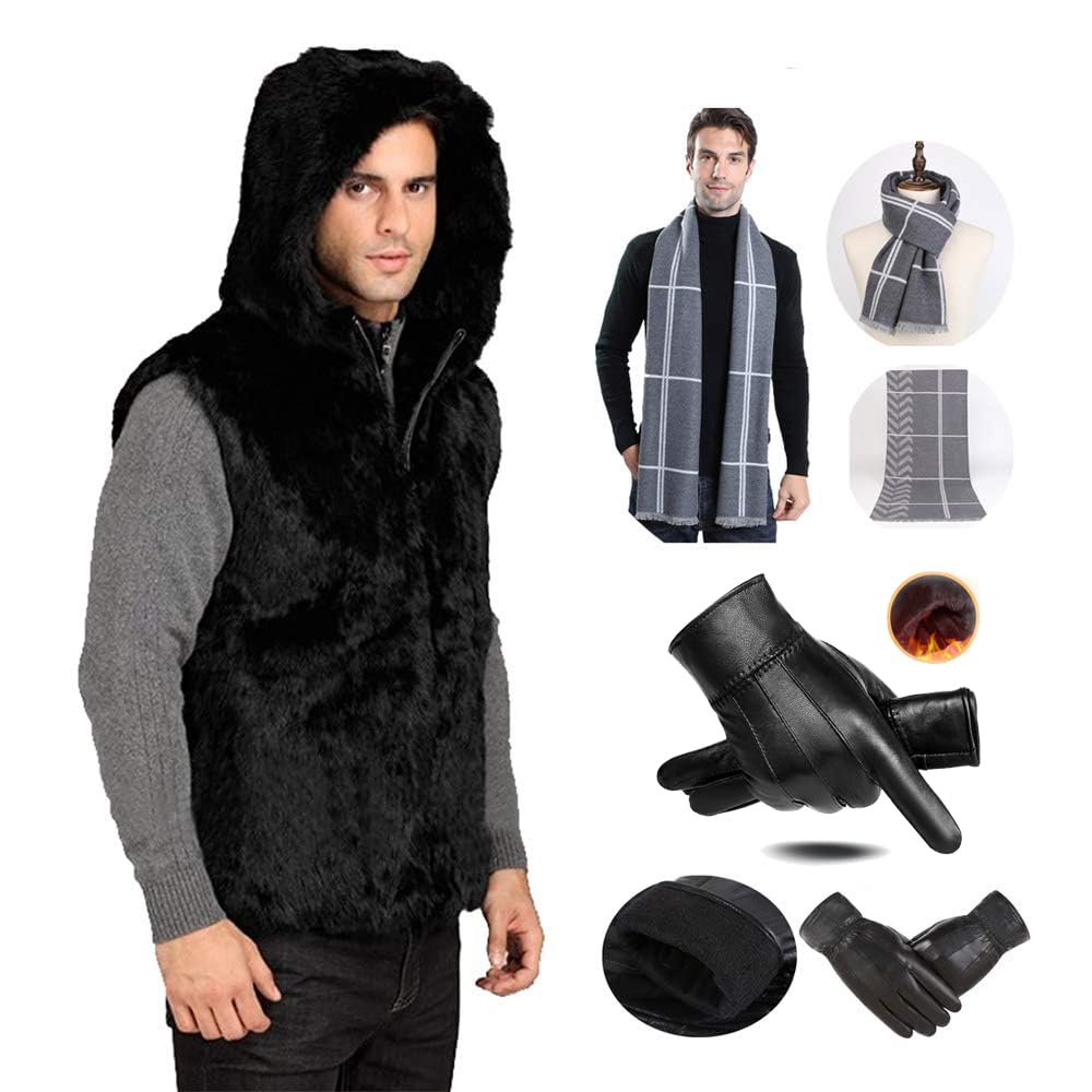 Genuine Rabbit Fur Men's Black Hooded Vest with Matching Fur Hat - Winter Fashion Coat for Men, Gifts for Him - Perfect for Outdoor Activities, Cold Weather & Stylish Layering