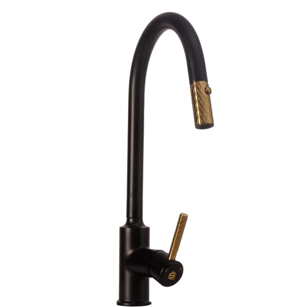 Strictly Sinks Pull Down Kitchen Faucet - Black & Gold Finish with Pull Out Sprayer, 360° Swivel Spout, Dual Spray & Stream Modes | Perfect for Modern Kitchens, Dishwashing & Food Prep